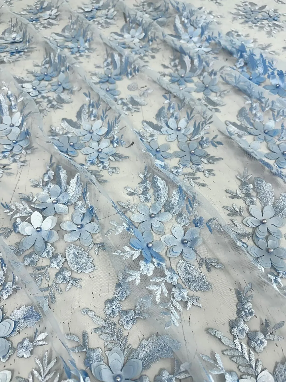 Deluxe 3D Floral Mesh Bridal Lace Fabric - Tear Resistant - 2 Way Stretch Laces Fabric - Scalloped Edges - Polyester Mesh - Apparel, Curtains, or Crafts - Lightweight - 55" Wide - 1 Yard (Baby Blue)