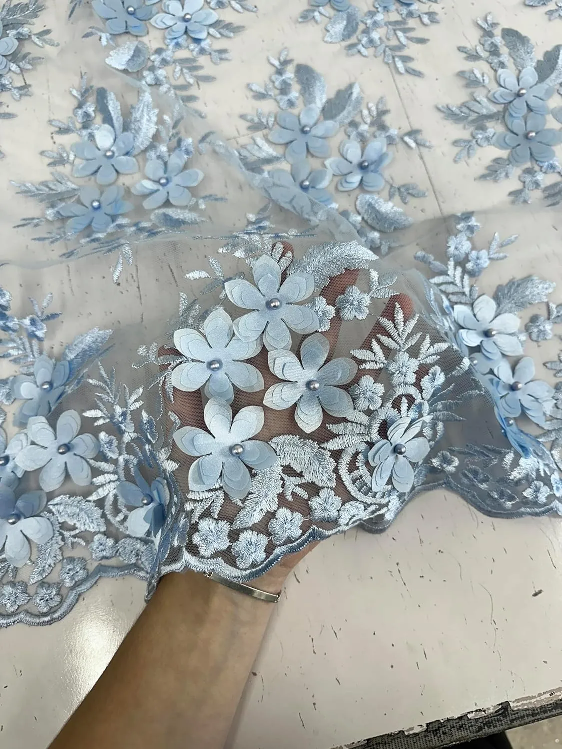 Deluxe 3D Floral Mesh Bridal Lace Fabric - Tear Resistant - 2 Way Stretch Laces Fabric - Scalloped Edges - Polyester Mesh - Apparel, Curtains, or Crafts - Lightweight - 55" Wide - 1 Yard (Baby Blue)