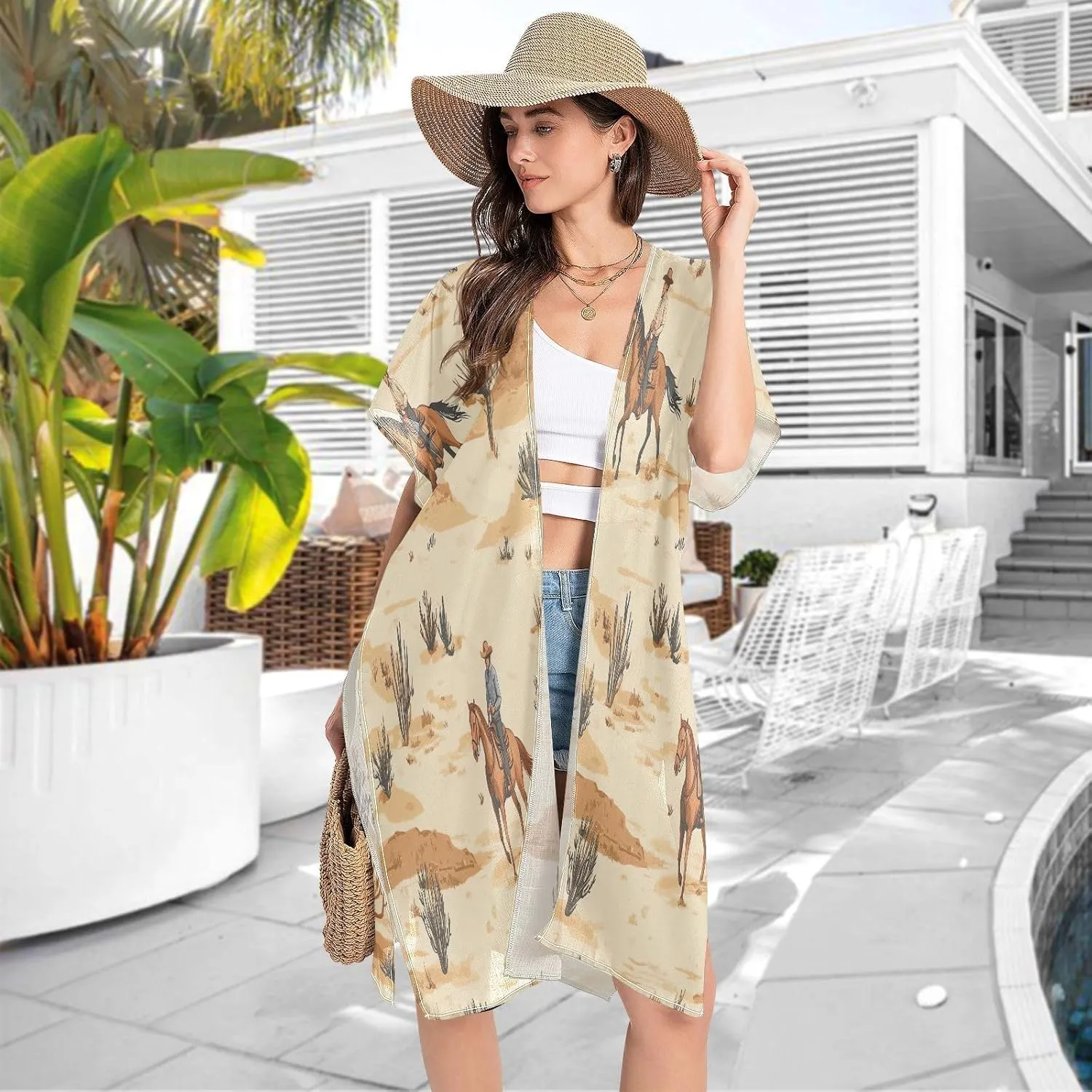Desert Horseback Riding Women's Beach Cover up,Cardigan Swimsuit Kimono Casual Beach Swimwear-S