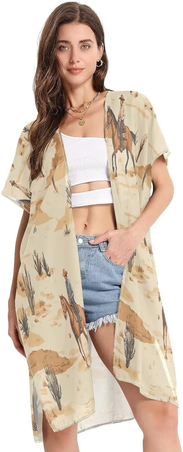 Desert Horseback Riding Women's Beach Cover up,Cardigan Swimsuit Kimono Casual Beach Swimwear-S