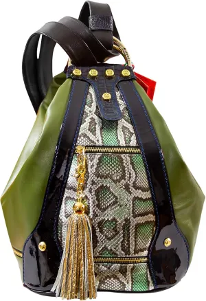Designer Backpack Bucket Purse Sling Watercress & Gold Python Leather Tote Bag Italian Handbag