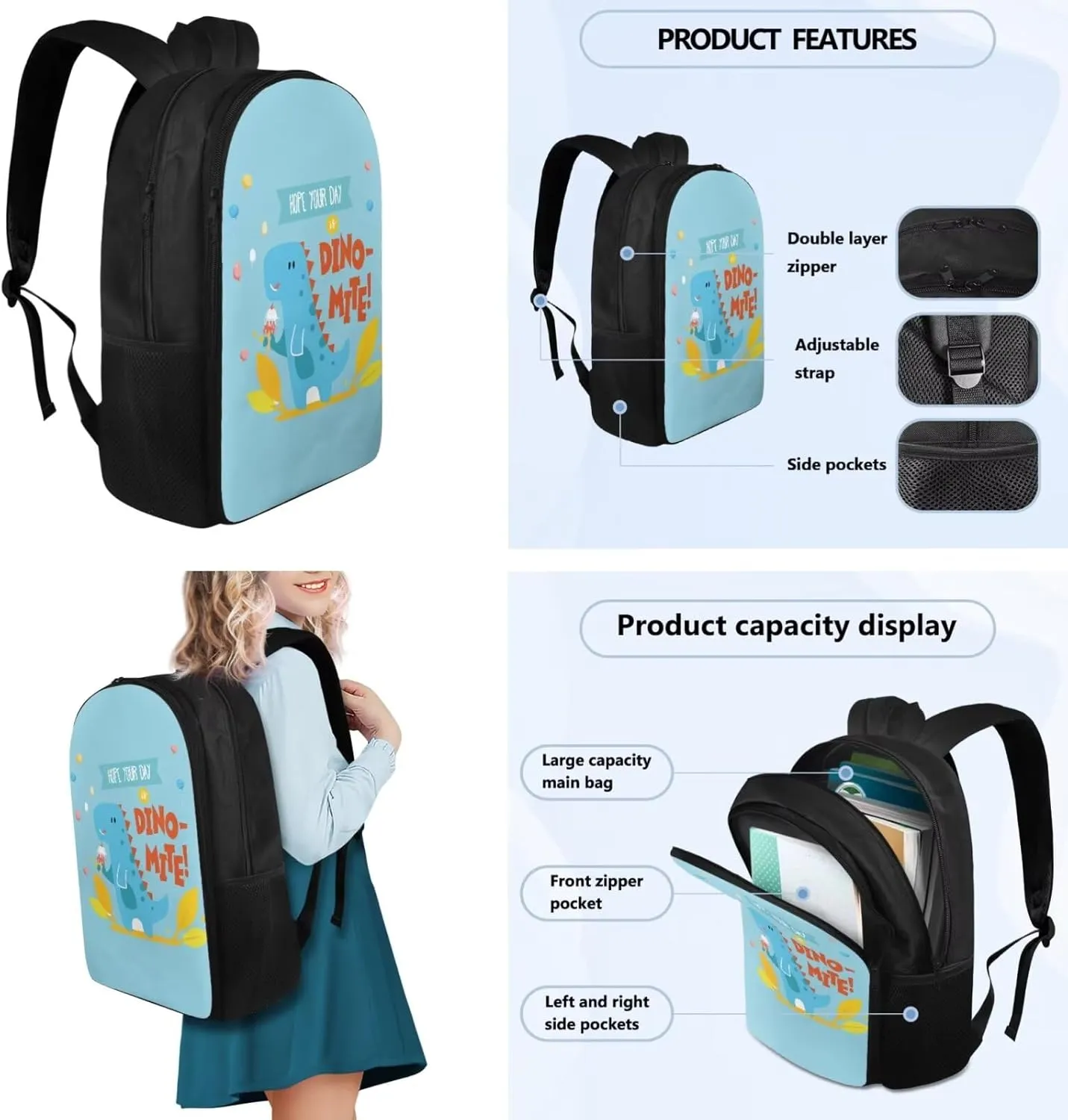 Dinosaur Little Girls Backpack Age 4-6 with Lunch Box Pencil Case and Bookmark Lightweight Bookbags with Side Pockets for Elementary School or Secondary School Students Gifts