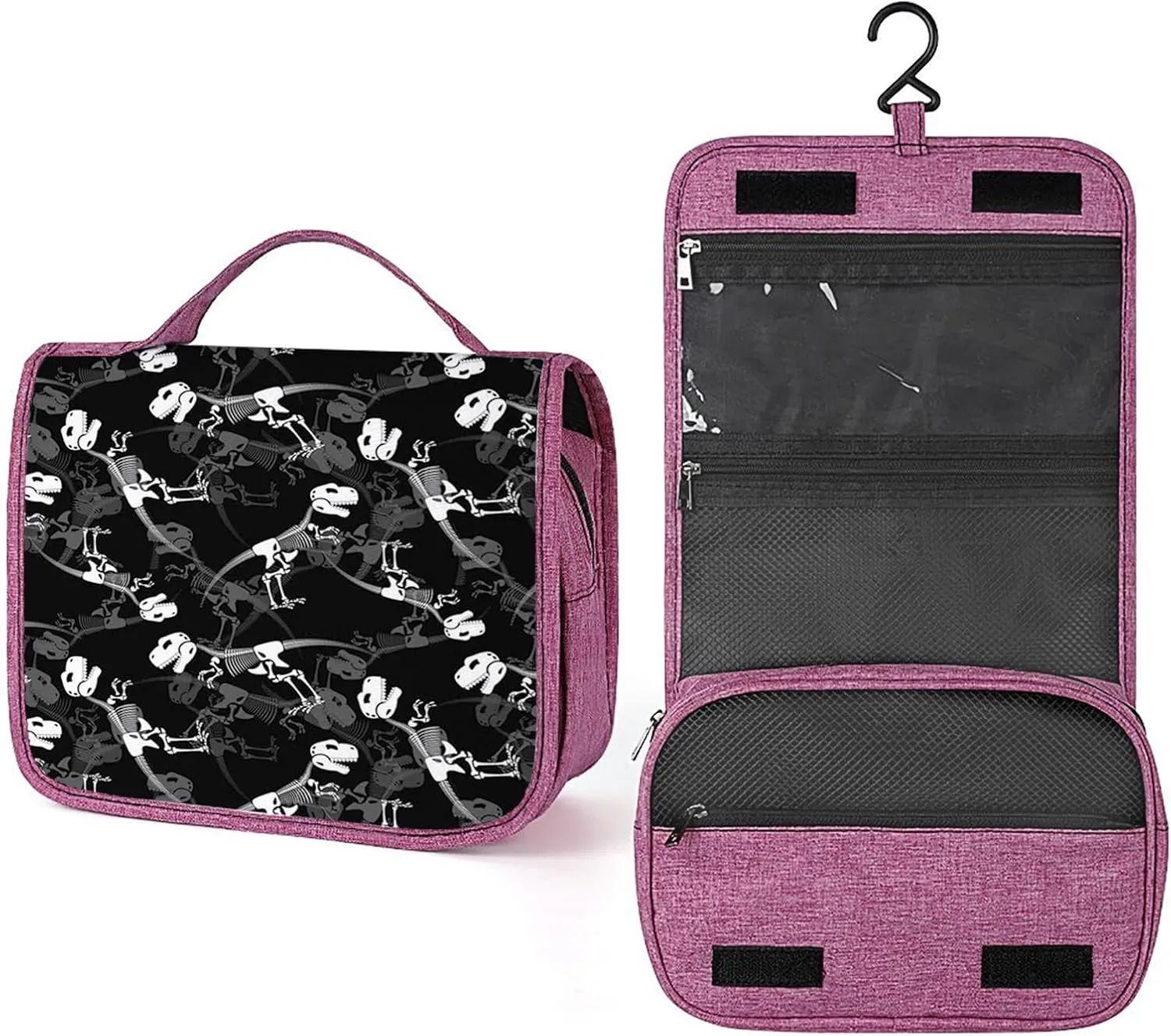 Dinosaur Print,Waterproof Travel Toiletry Hanging Bag,Dinosaur Skeleton Skull Print,Makeup bag,Travel Organizers,Cosmetic Travel-Sized Container,Large Capacity for Women,Black White