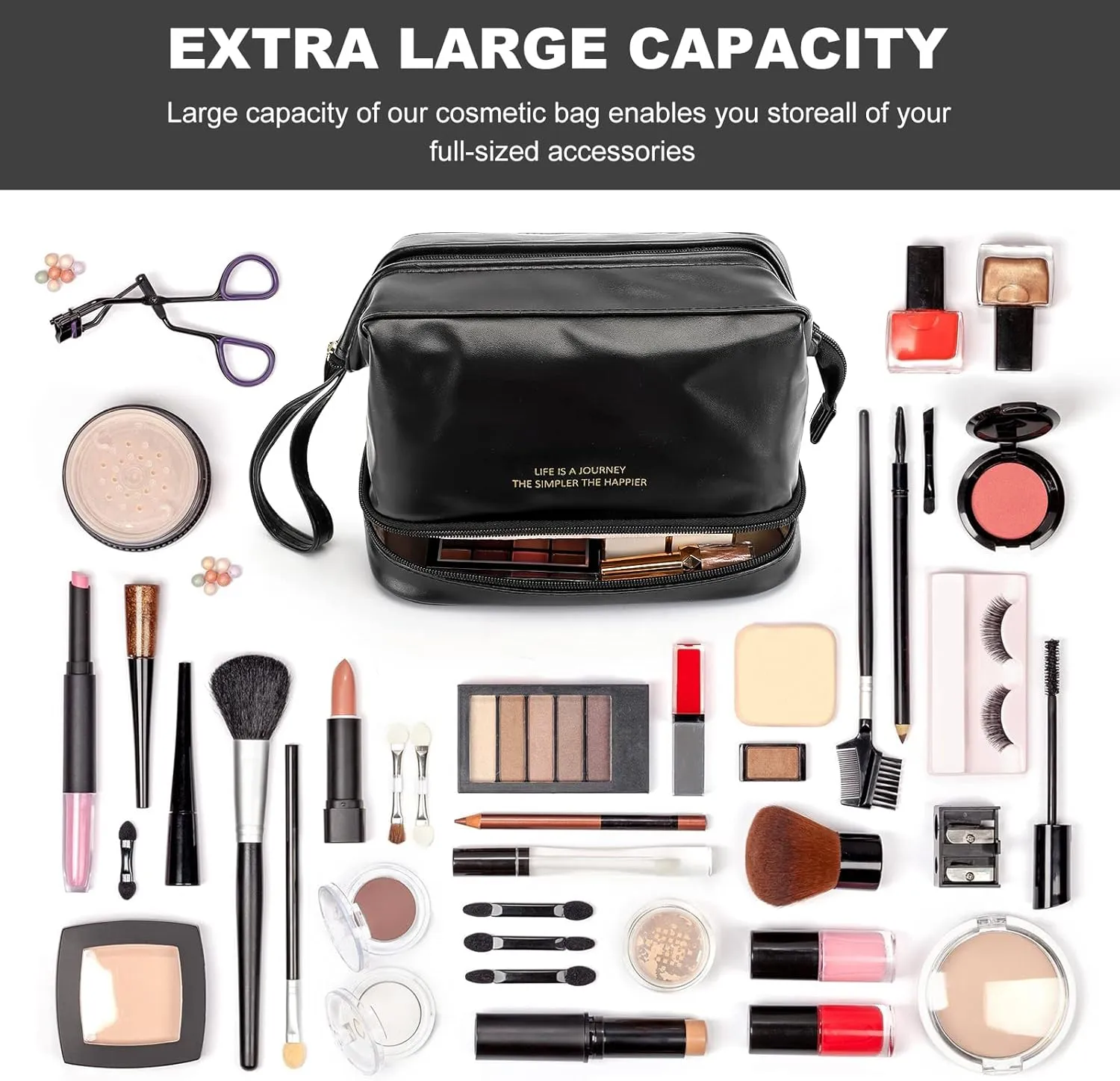 DOJUNS Cosmetic Travel Bag, Double Layer Large Makeup Organizer Leather Waterproof Toiletry Bag for Women Girls (Black)