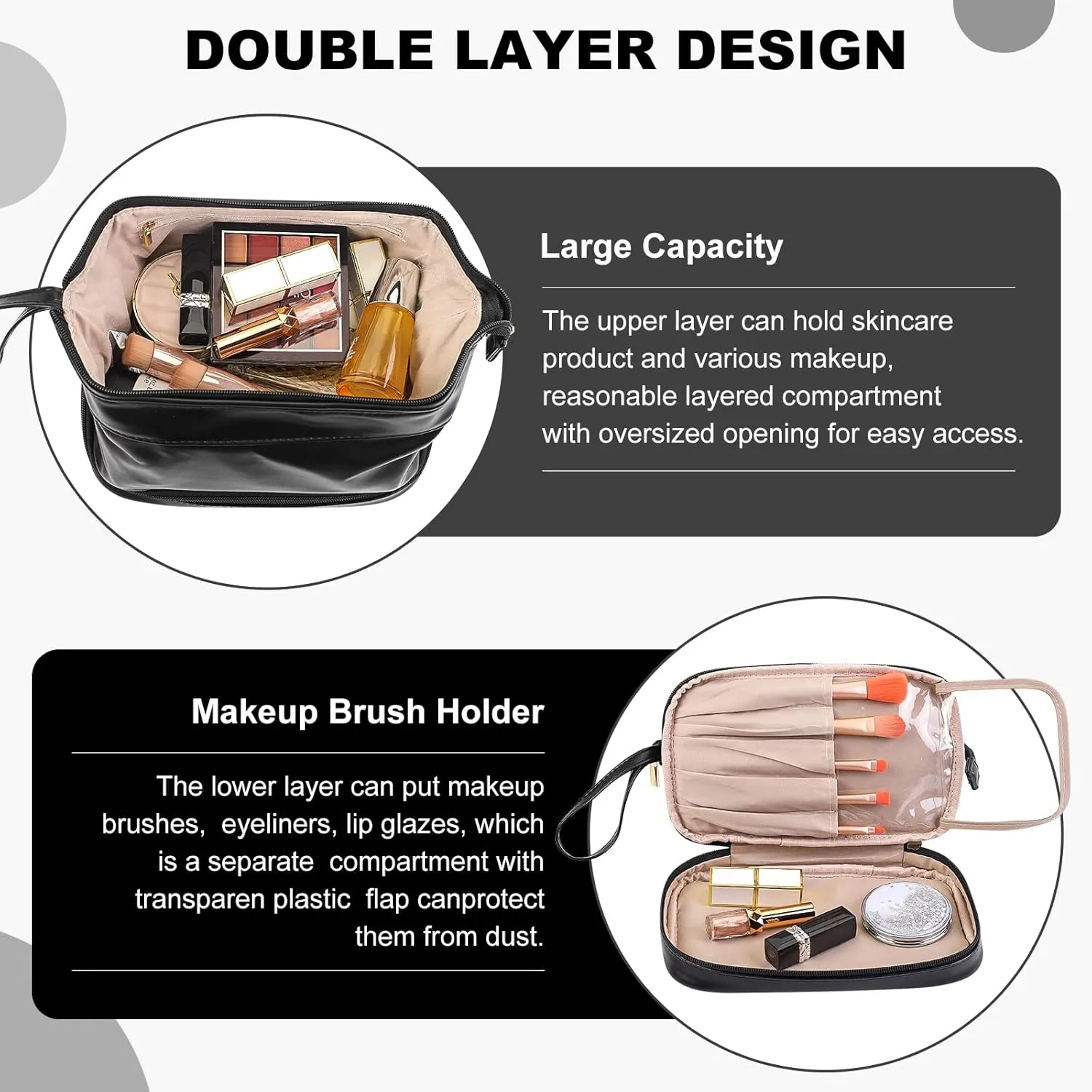 DOJUNS Cosmetic Travel Bag, Double Layer Large Makeup Organizer Leather Waterproof Toiletry Bag for Women Girls (Black)