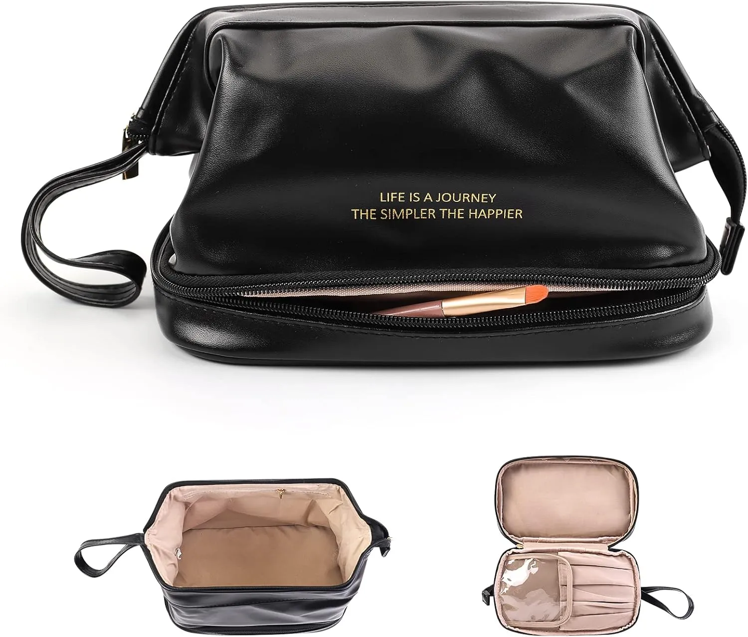 DOJUNS Cosmetic Travel Bag, Double Layer Large Makeup Organizer Leather Waterproof Toiletry Bag for Women Girls (Black)
