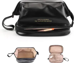 DOJUNS Cosmetic Travel Bag, Double Layer Large Makeup Organizer Leather Waterproof Toiletry Bag for Women Girls (Black)