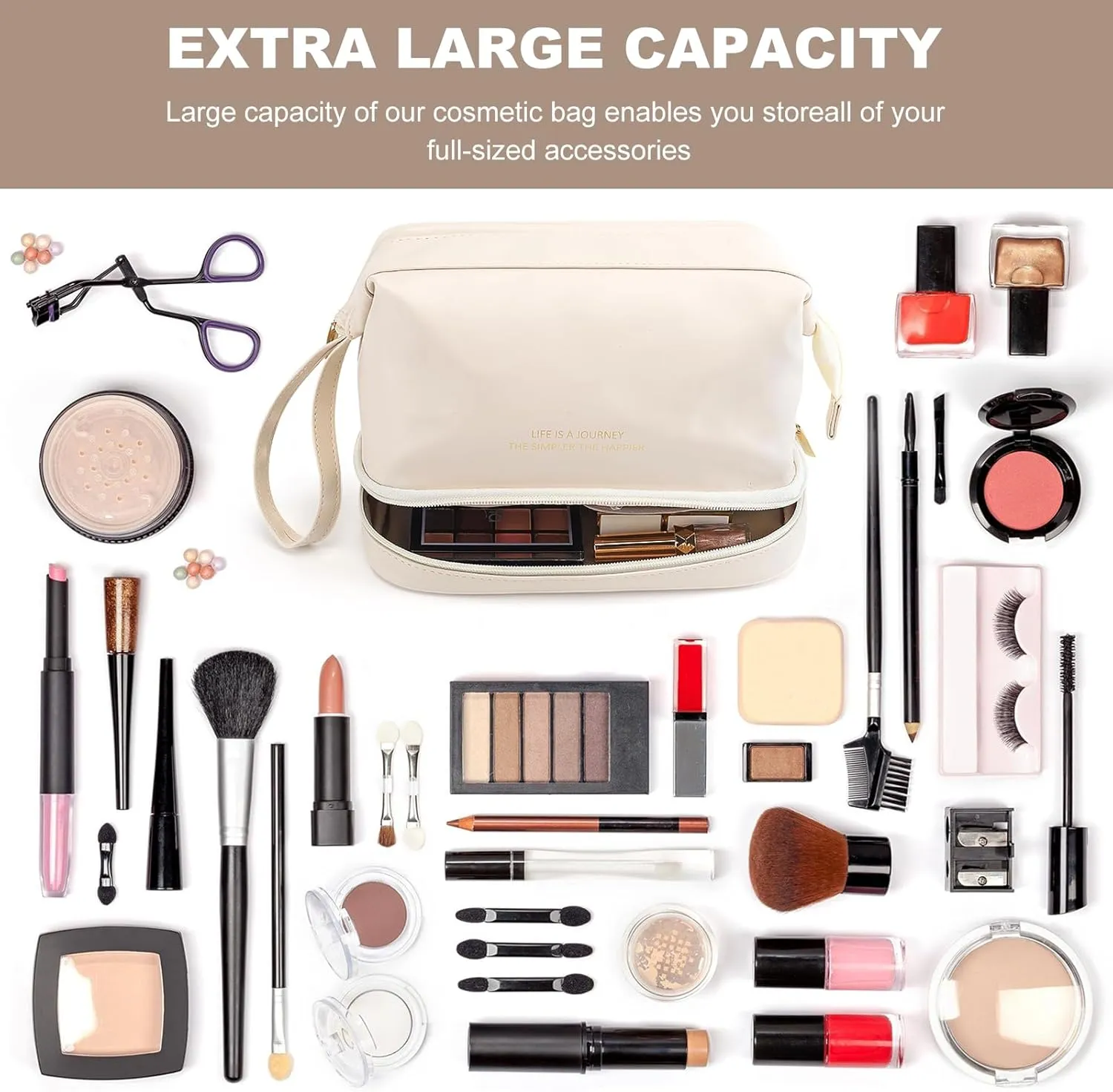 DOJUNS Cosmetic Travel Bag, Double Layer Large Makeup Organizer Leather Waterproof Toiletry Bag for Women Girls (White)