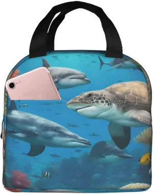 Dolphins Sea Turtle Shark Octopus Coral Reef Lunch Bag for Women Men Insulated Lunch Box for Work/Picnic/Travel Reusable Durable Lunch Box