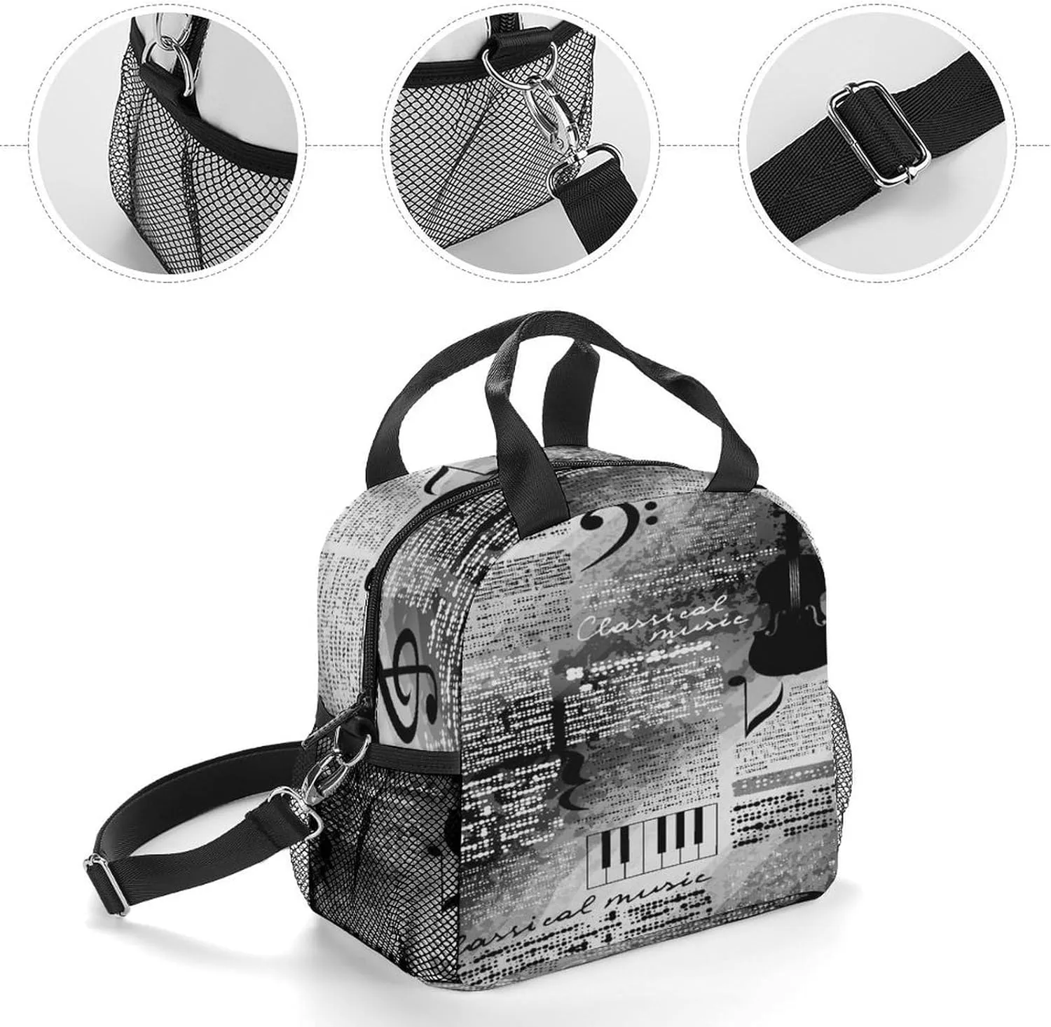Donnapink Reusable Cooler Insulated Lunch Bag, Removable Strap Tote Handbag Thermal Reusable Box with Two Mesh Pockets 10x9x6.5 in Print Treble Clef and Music Notes on Blurred Background