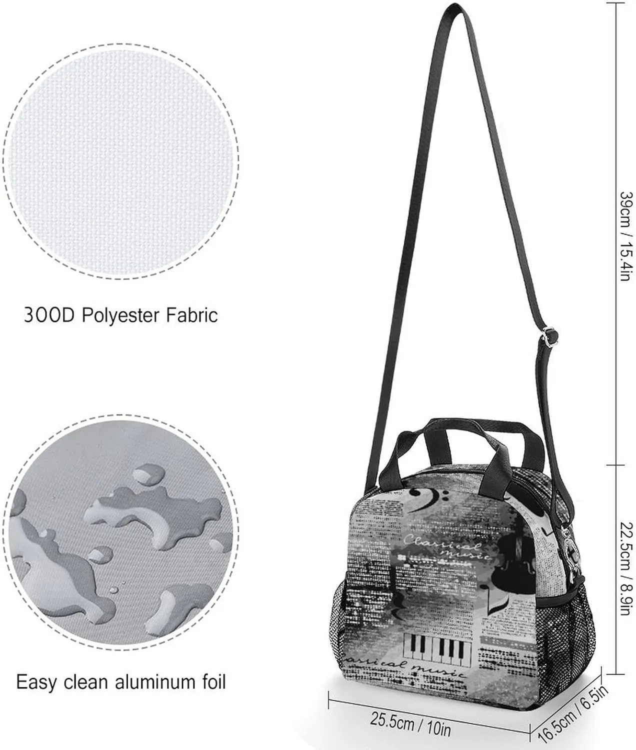 Donnapink Reusable Cooler Insulated Lunch Bag, Removable Strap Tote Handbag Thermal Reusable Box with Two Mesh Pockets 10x9x6.5 in Print Treble Clef and Music Notes on Blurred Background