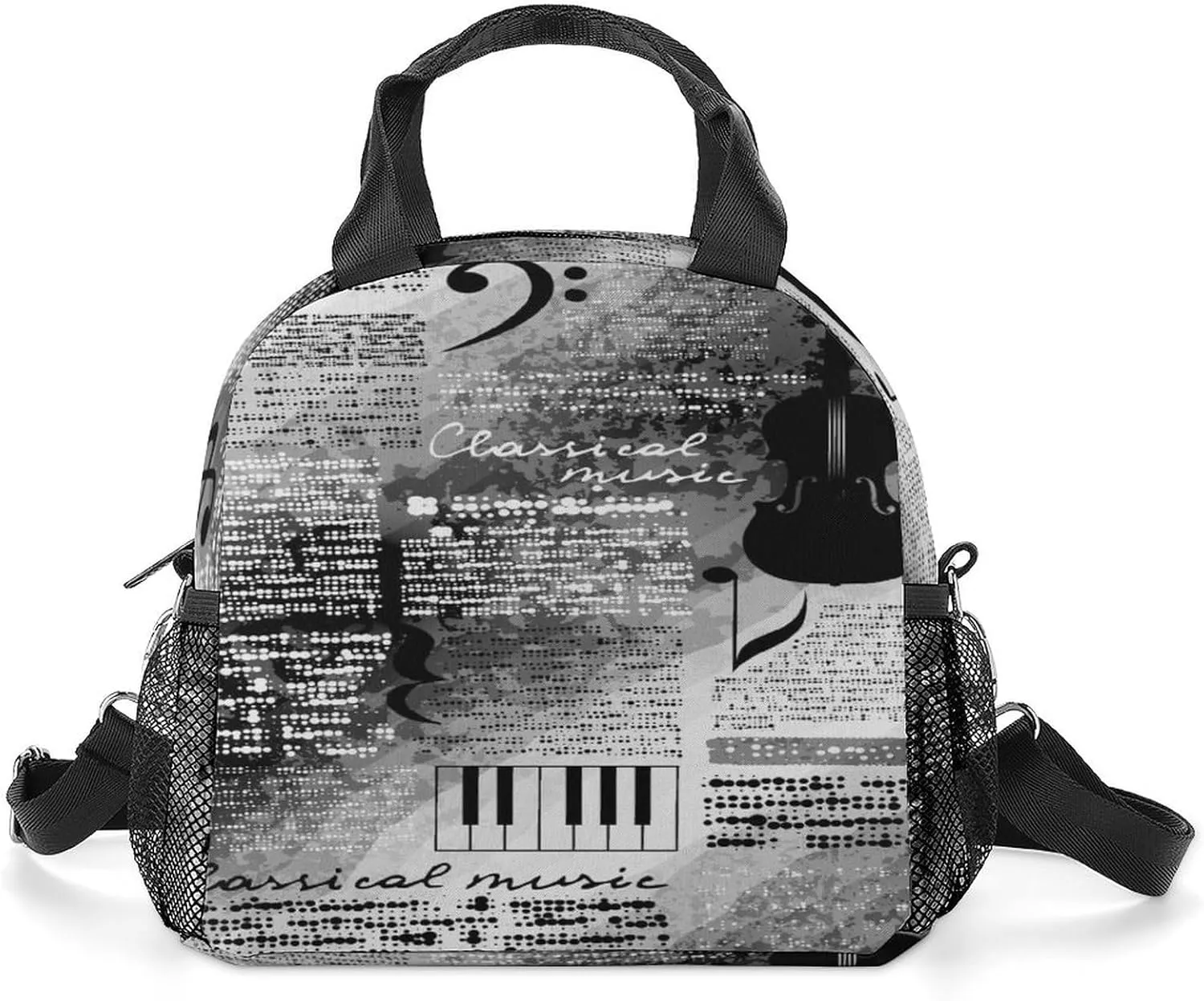 Donnapink Reusable Cooler Insulated Lunch Bag, Removable Strap Tote Handbag Thermal Reusable Box with Two Mesh Pockets 10x9x6.5 in Print Treble Clef and Music Notes on Blurred Background