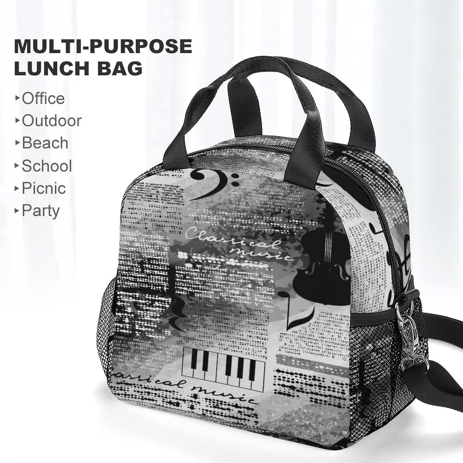 Donnapink Reusable Cooler Insulated Lunch Bag, Removable Strap Tote Handbag Thermal Reusable Box with Two Mesh Pockets 10x9x6.5 in Print Treble Clef and Music Notes on Blurred Background