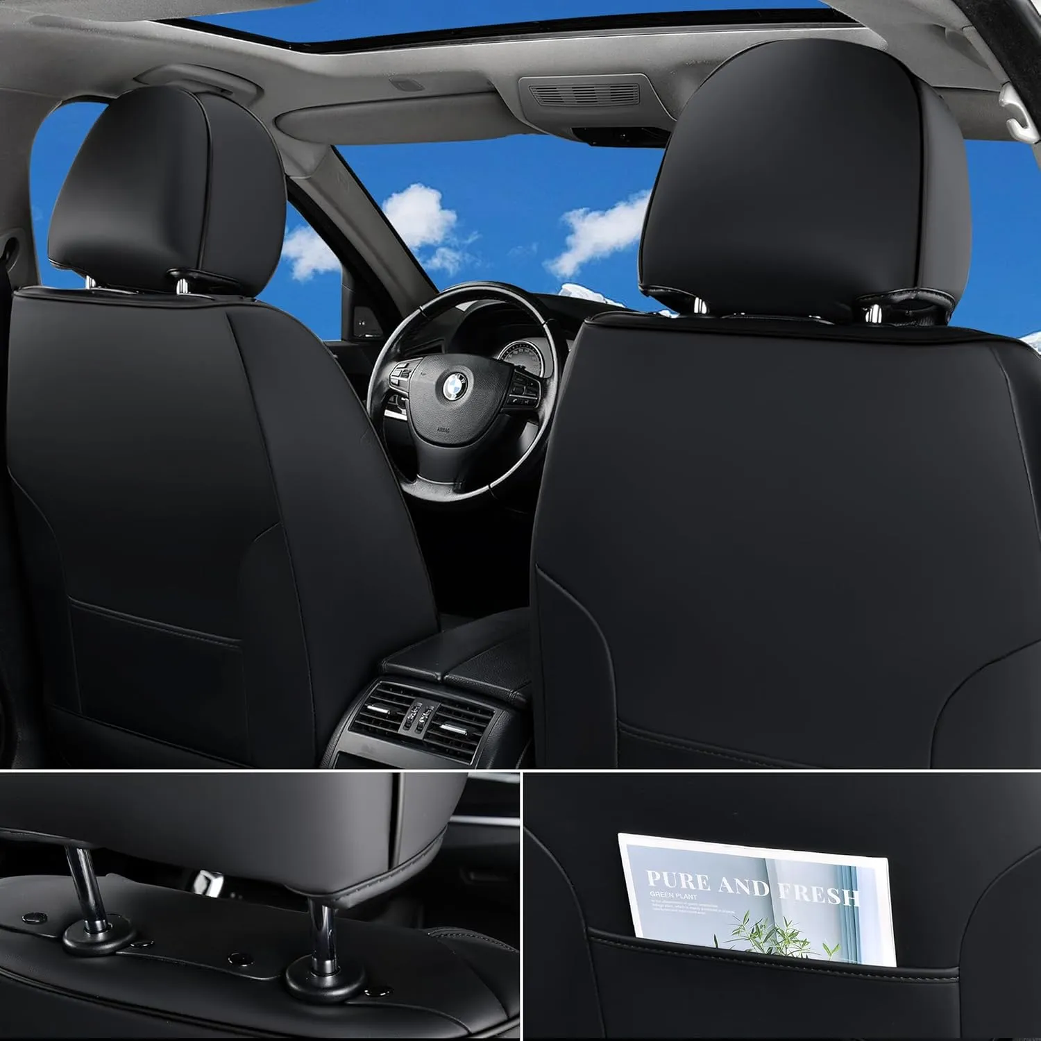 Doogo Front Seat Covers for Cars, Black Cars Seat Covers 2-Pack, Waterproof Leather Car Seat Cover Universal Interior Covers Fit for Most Sedan Truck SUV (Black&White line, 2PCS)