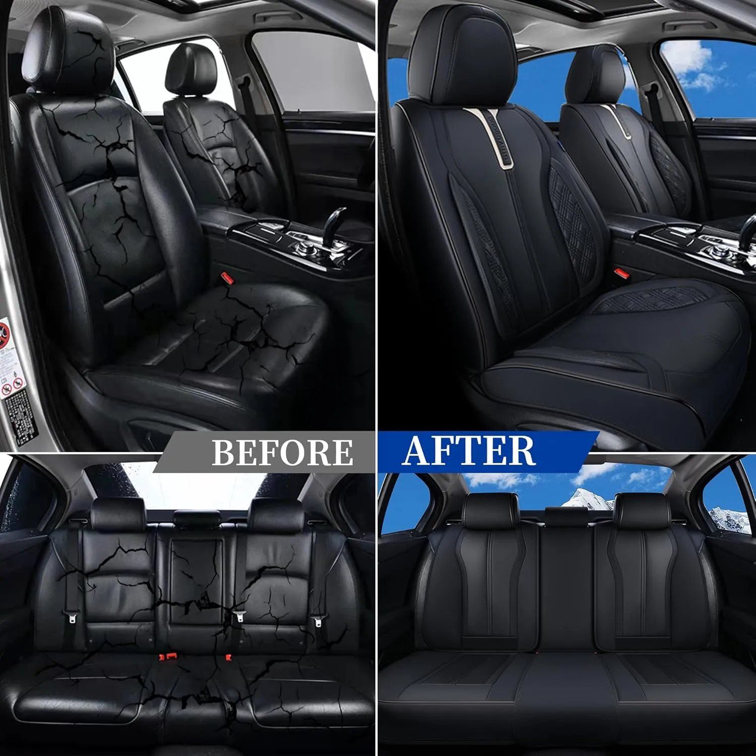 Doogo Front Seat Covers for Cars, Black Cars Seat Covers 2-Pack, Waterproof Leather Car Seat Cover Universal Interior Covers Fit for Most Sedan Truck SUV (Black&White line, 2PCS)