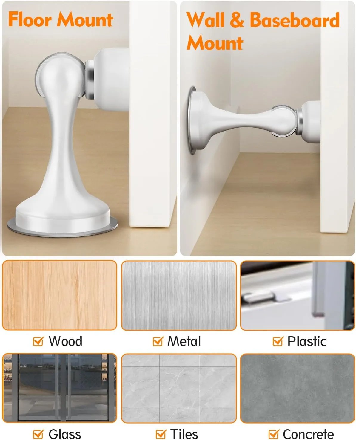 Door Stoppers, Magnetic Door Stop, Stainless Steel, 4 Pack Magnetic Door Catch, 3M Double-Sided Adhesive Tape, No Drilling, Screws for Stronger Mount, Hold Your Door Open, for Wide Doors