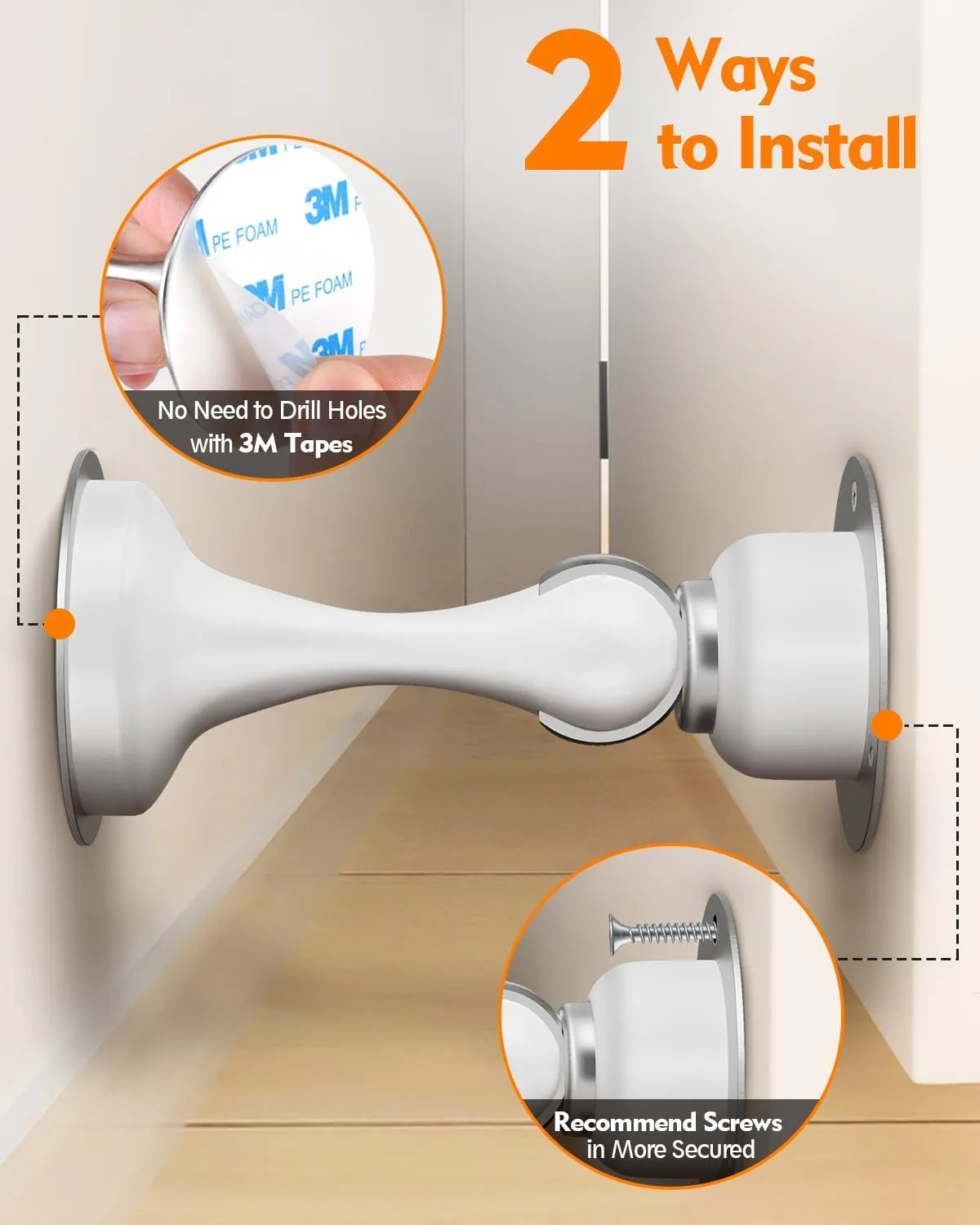 Door Stoppers, Magnetic Door Stop, Stainless Steel, 4 Pack Magnetic Door Catch, 3M Double-Sided Adhesive Tape, No Drilling, Screws for Stronger Mount, Hold Your Door Open, for Wide Doors