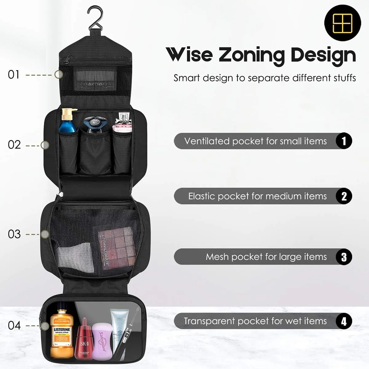 dopobo Travel Toiletry Bag for Women, Dopp Kit for Men, Waterproof Makeup Bag Shaving Bag with Hanging Hook, Portable Toiletry Organizer for Traveling and Camping