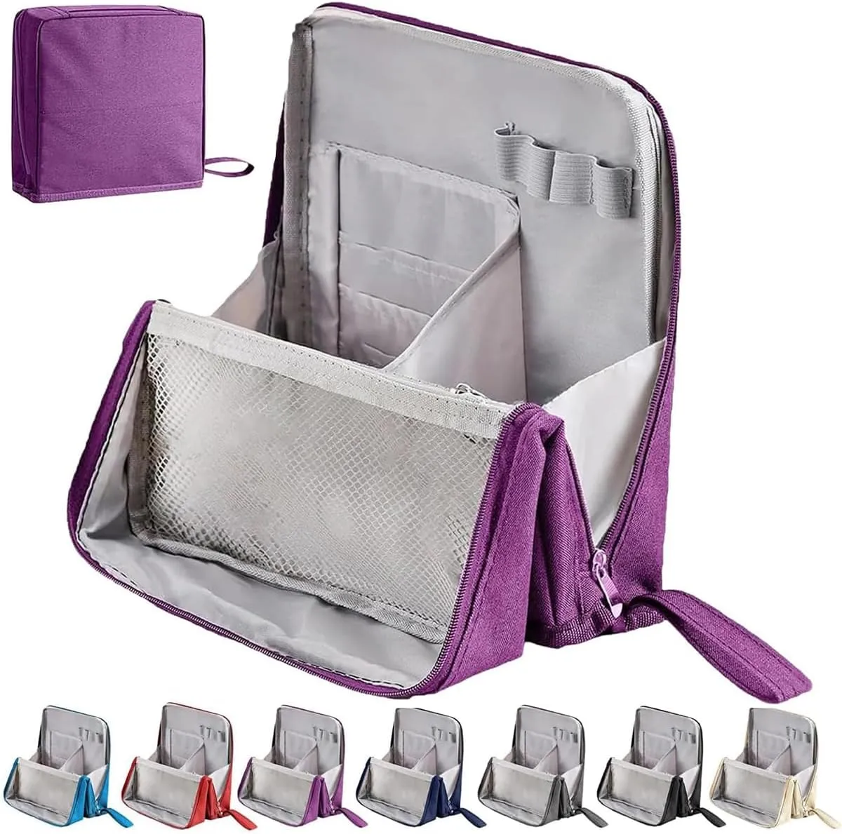 Doresty Makeup Bag, Multi-Purpose Large Capacity Standing Makeup Bag, Vertical Large Opening Waterproof Storage Bags with Compartments, Women Men Portable Toiletry Bag for Travel, Work (Purple)
