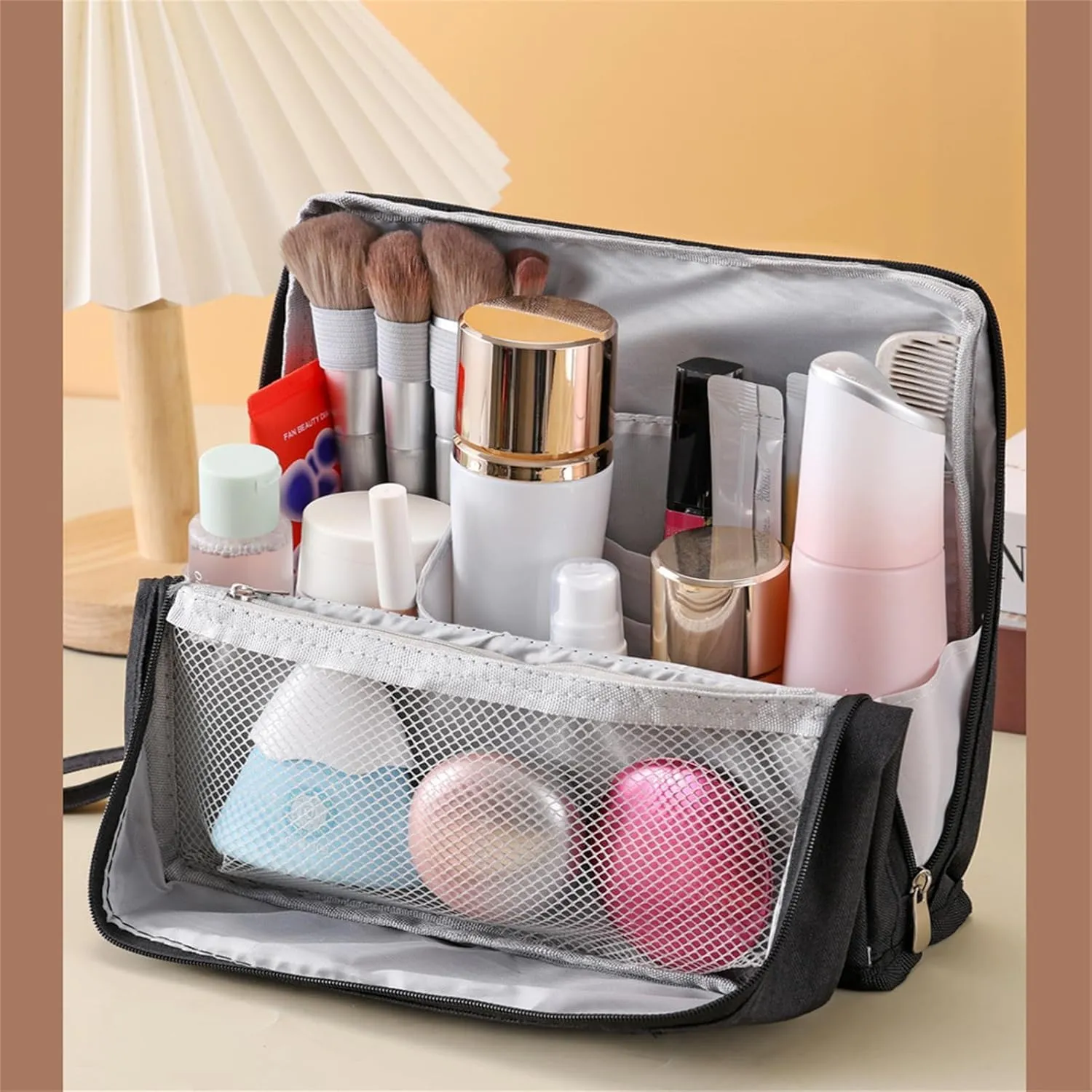 Doresty Makeup Bag, Standing Makeup Bag, Portable Large Capacity, Stand Up Make Up Bag with Mirror, Waterproof Oxford Cloth Cosmetic Organizer with Compartments, for Women & Girls (Black)