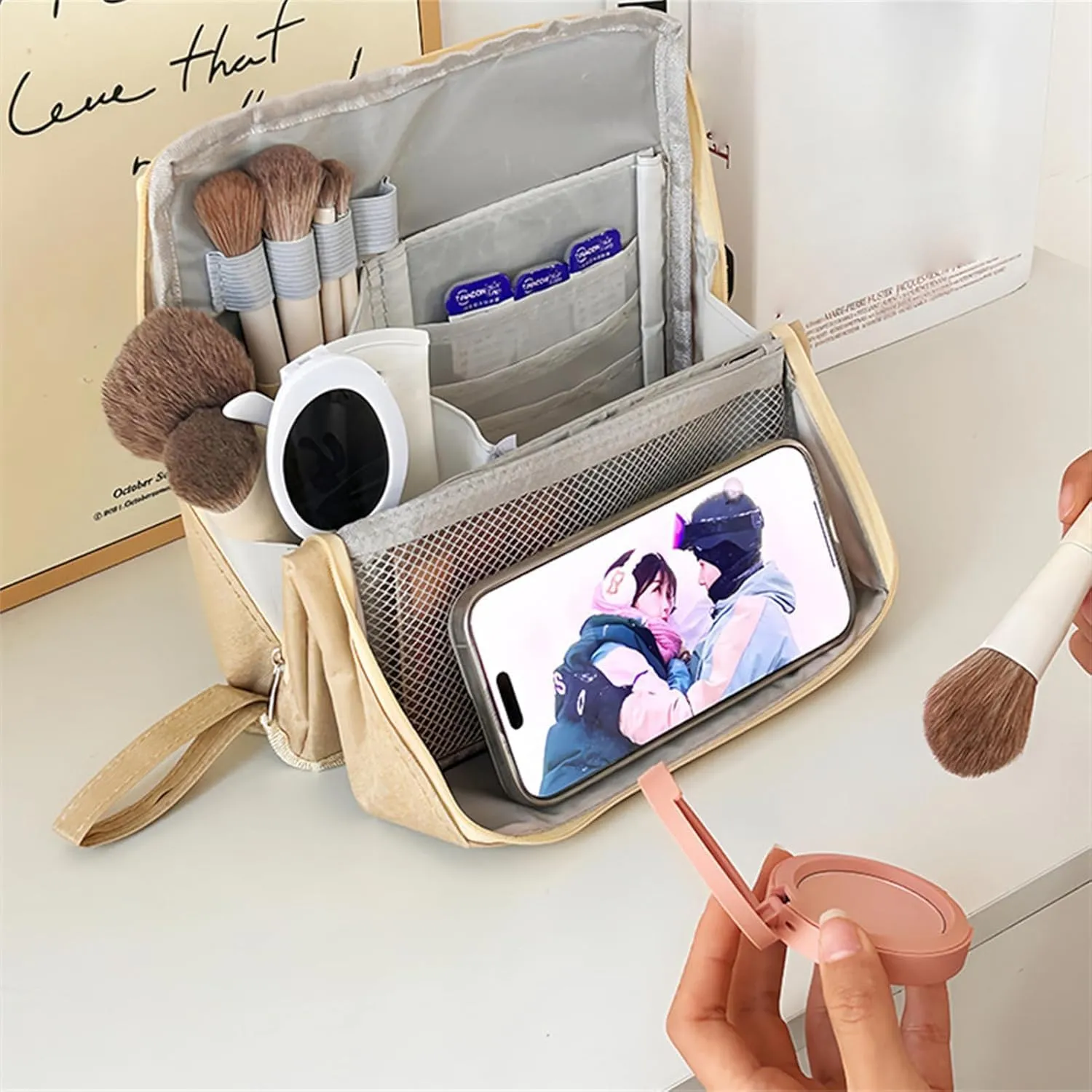 Doresty Makeup Bag, Standing Makeup Bag, Portable Large Capacity, Stand Up Make Up Bag with Mirror, Waterproof Oxford Cloth Cosmetic Organizer with Compartments, for Women & Girls (Black)