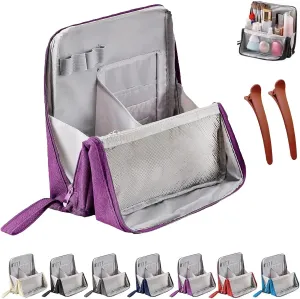 Doresty Makeup Bag, Standing Makeup Bag – Portable, Large Capacity, Waterproof Vertical Office Desktop Storage Bags, Multi-Purpose Large Capacity Oxford Cloth Toiletry Bag, with Compartments (Purple)