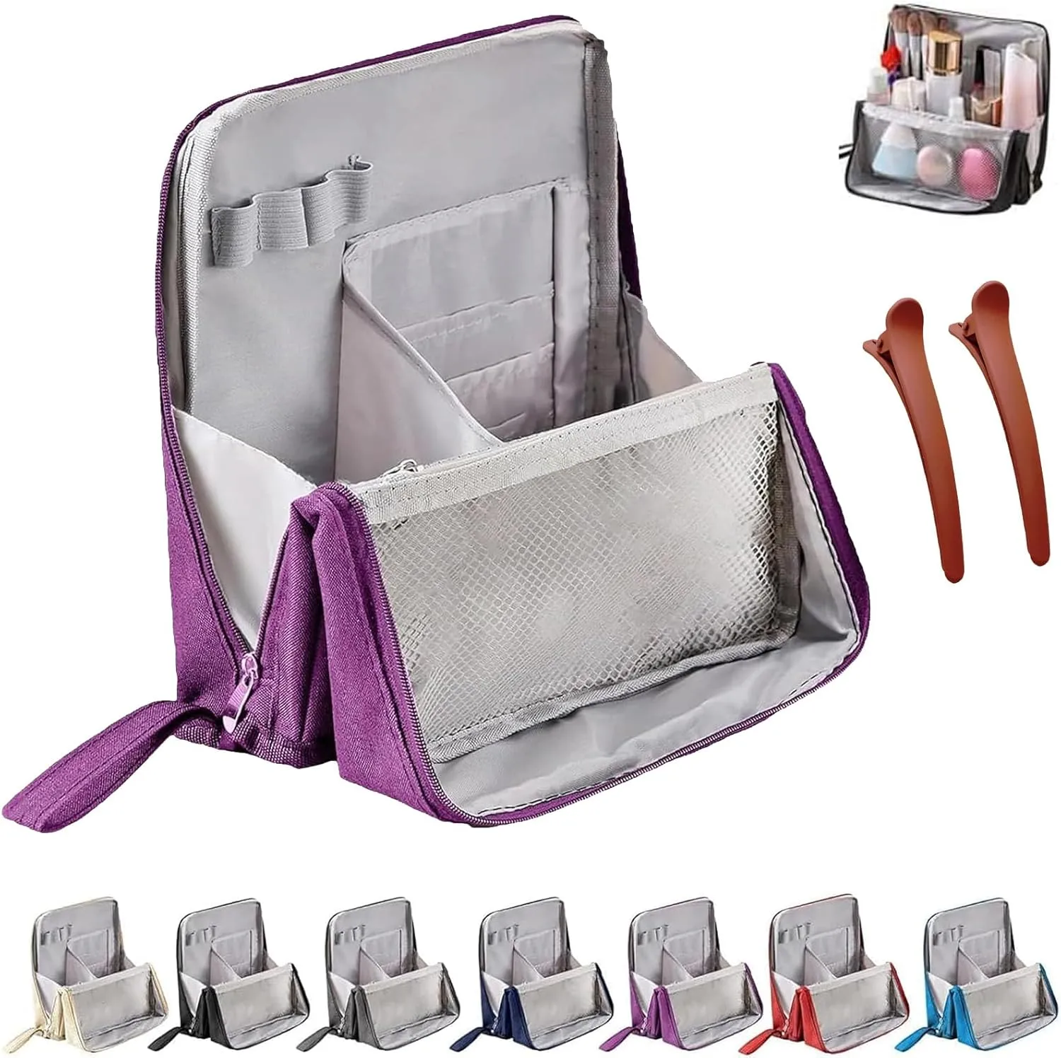 Doresty Makeup Bag, Standing Makeup Bag – Portable, Large Capacity, Waterproof Vertical Office Desktop Storage Bags, Multi-Purpose Large Capacity Oxford Cloth Toiletry Bag, with Compartments (Purple)