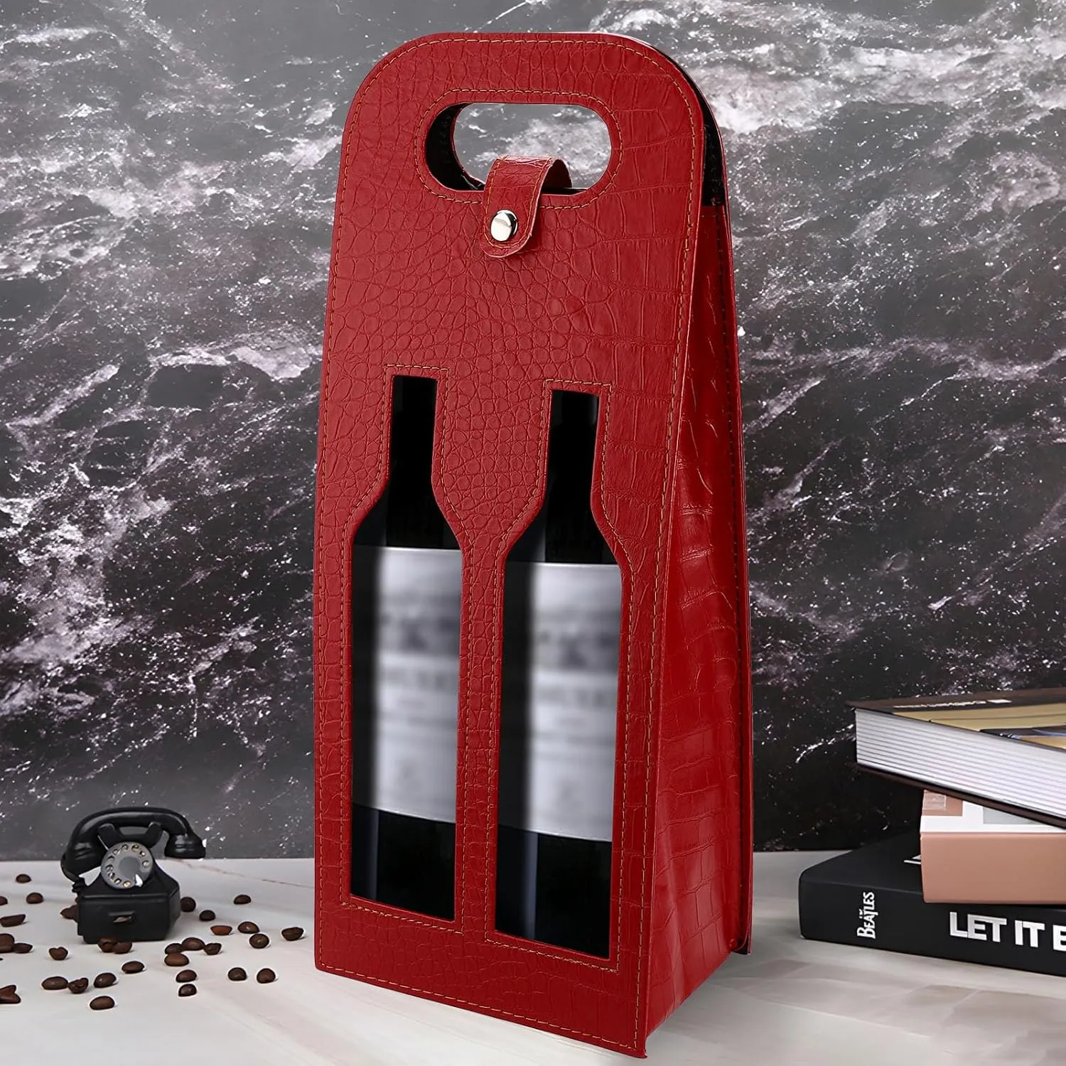 Double Bottle Black Wine Tote Bag, Reusable Leather Wines Gift Bag, Hollow Out Wine Bags for Gifts, Crocodile Print Wines Bottle Bag for Picnic, Travel, Party, Birthday (Double Red)