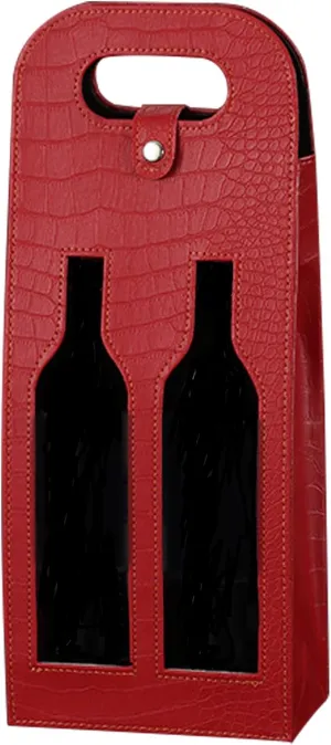 Double Bottle Black Wine Tote Bag, Reusable Leather Wines Gift Bag, Hollow Out Wine Bags for Gifts, Crocodile Print Wines Bottle Bag for Picnic, Travel, Party, Birthday (Double Red)