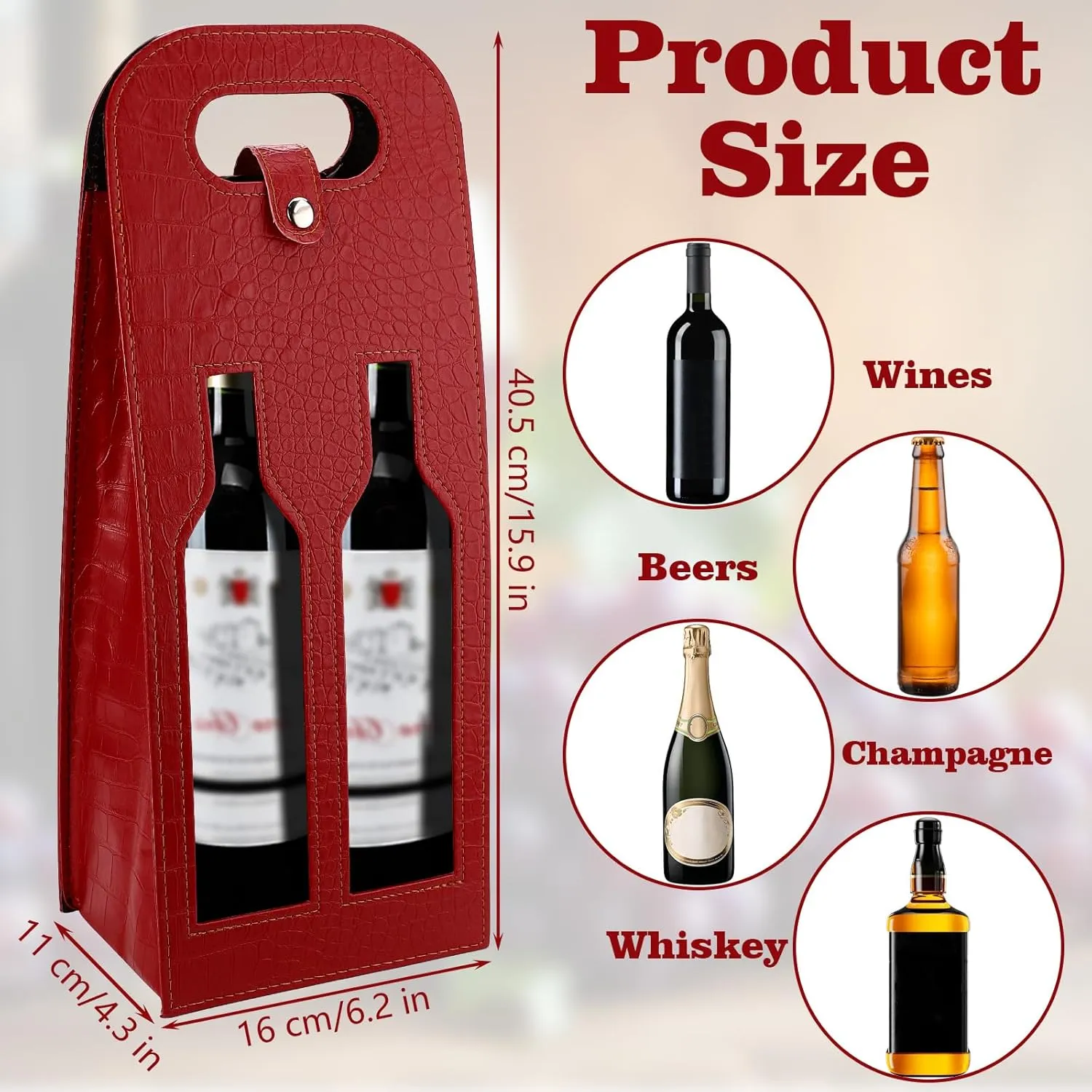 Double Bottle Black Wine Tote Bag, Reusable Leather Wines Gift Bag, Hollow Out Wine Bags for Gifts, Crocodile Print Wines Bottle Bag for Picnic, Travel, Party, Birthday (Double Red)