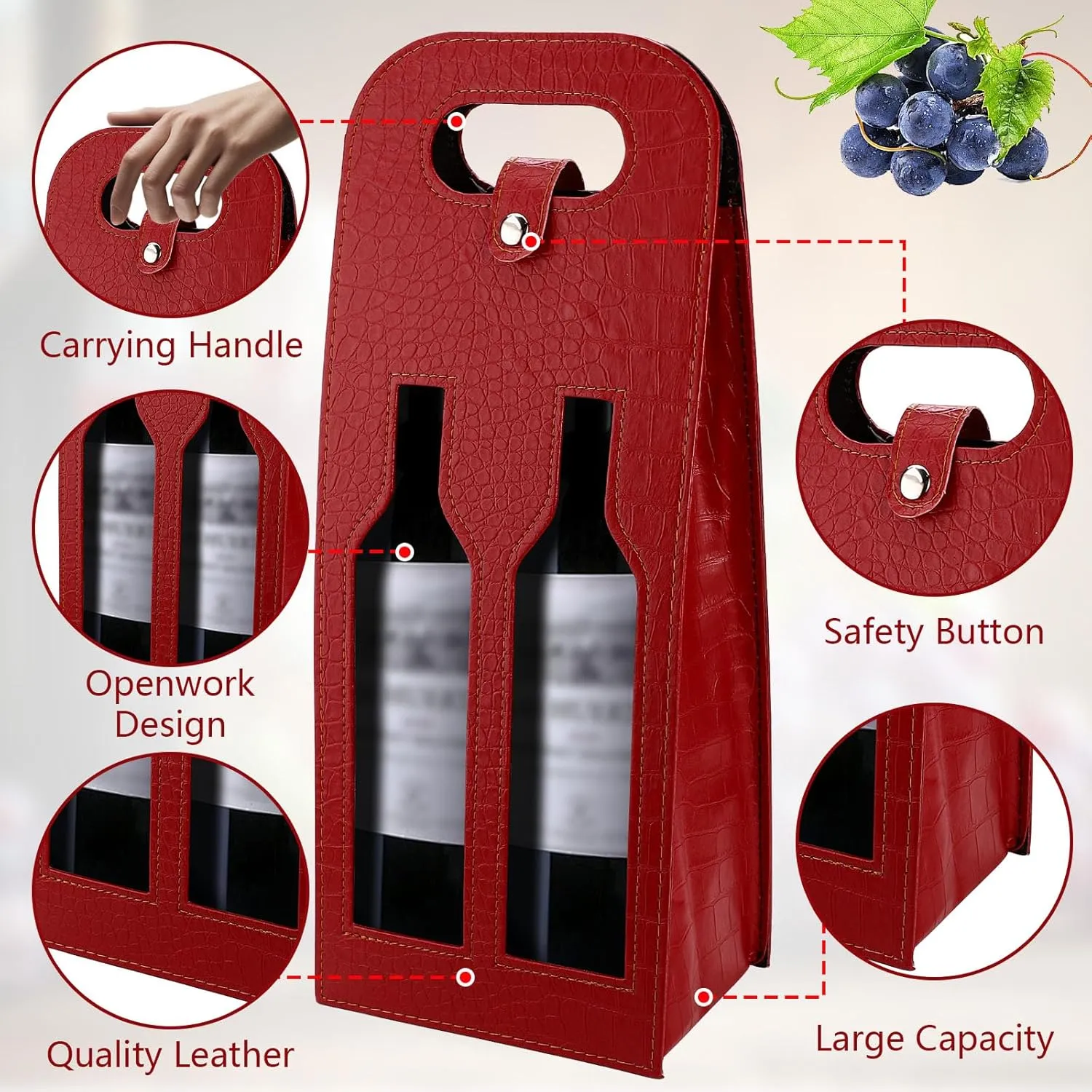Double Bottle Black Wine Tote Bag, Reusable Leather Wines Gift Bag, Hollow Out Wine Bags for Gifts, Crocodile Print Wines Bottle Bag for Picnic, Travel, Party, Birthday (Double Red)
