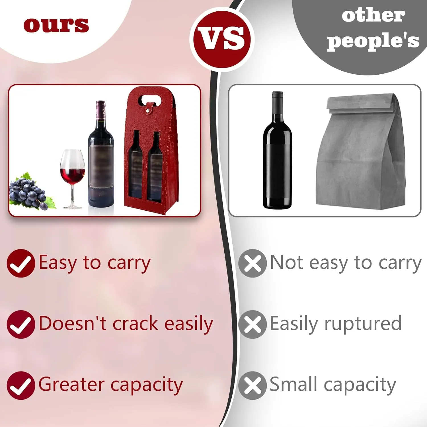 Double Bottle Black Wine Tote Bag, Reusable Leather Wines Gift Bag, Hollow Out Wine Bags for Gifts, Crocodile Print Wines Bottle Bag for Picnic, Travel, Party, Birthday (Double Red)