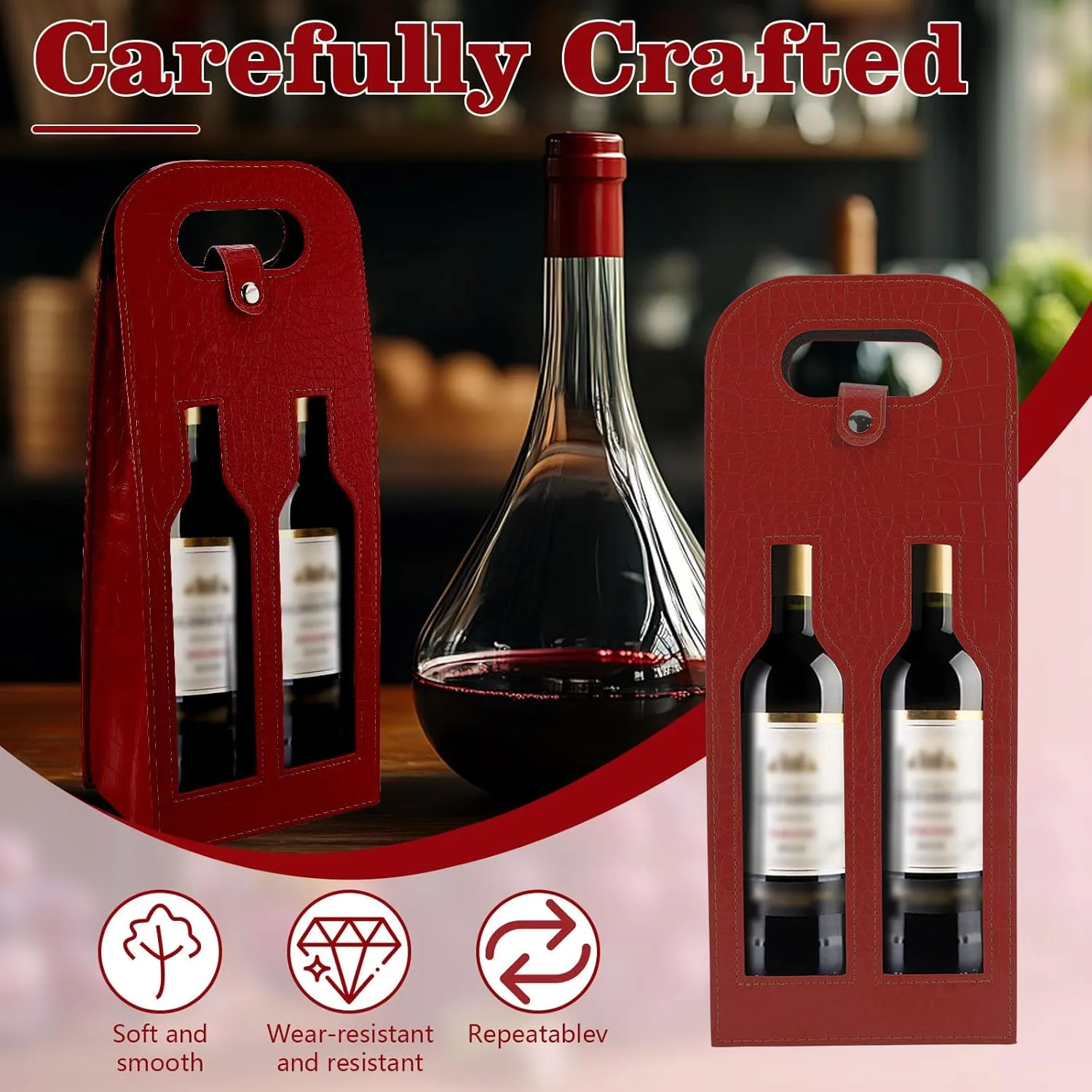Double Bottle Black Wine Tote Bag, Reusable Leather Wines Gift Bag, Hollow Out Wine Bags for Gifts, Crocodile Print Wines Bottle Bag for Picnic, Travel, Party, Birthday (Double Red)