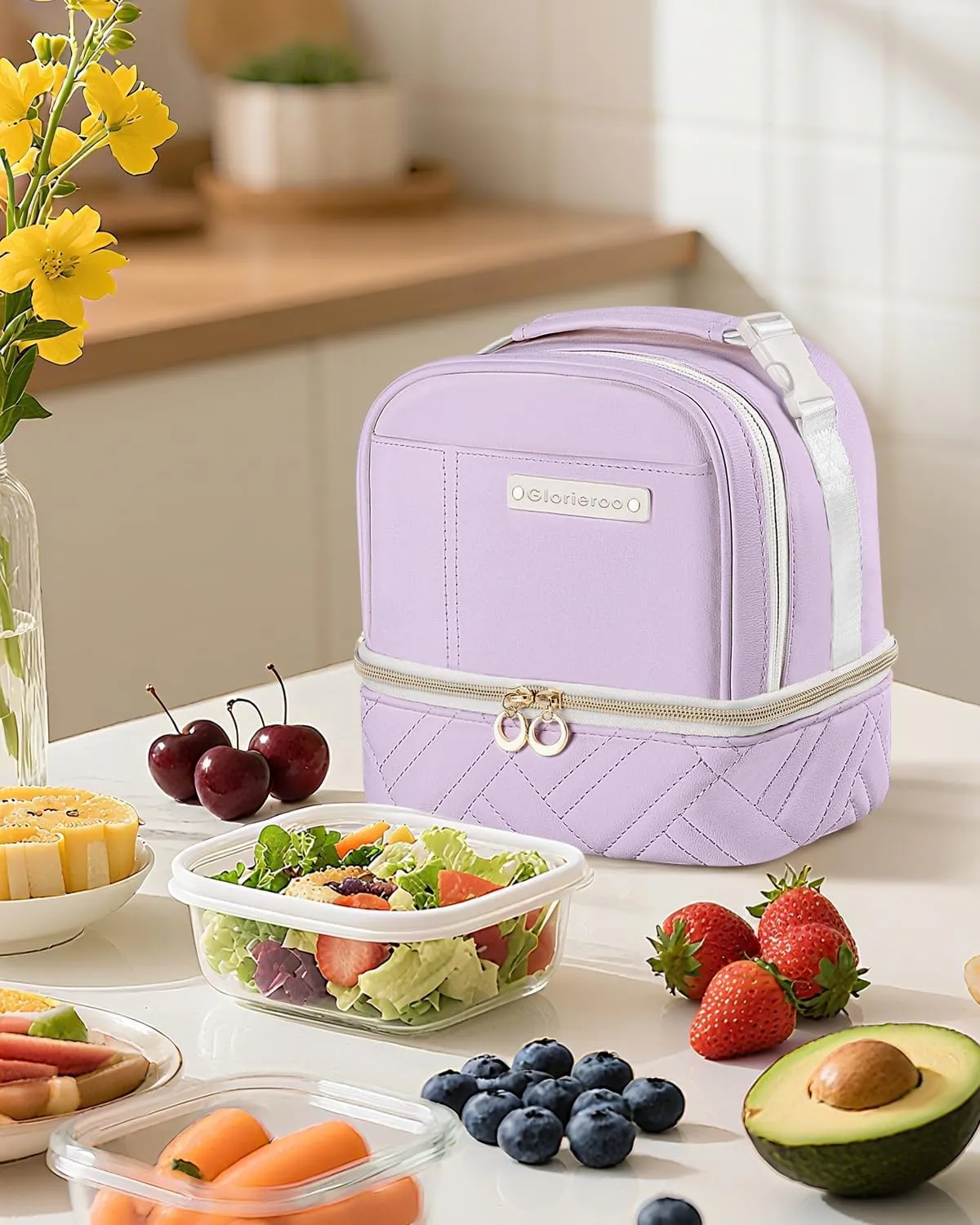 Double Deck Lunch Box Bag Women - Vegan Leather Insulated Waterproof Leakproof Cooler for Work Travel Picnics - Teacher Mothers Day Christmas Birthday Gifts