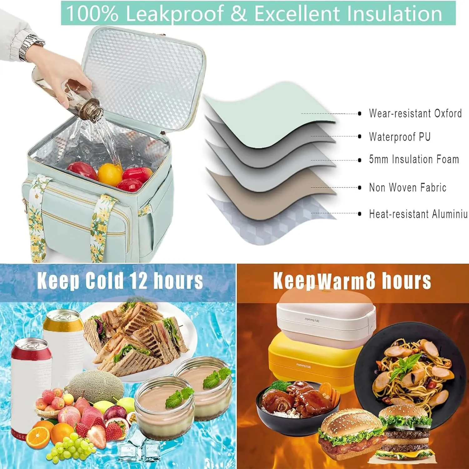 Double Deck Lunch Box for Women, Expandable Insulated Large Lunch Bag Women Leakproof Lightweight Lunch Cooler Bag Durable Lunchbox for Work Outdoor Travel, Green
