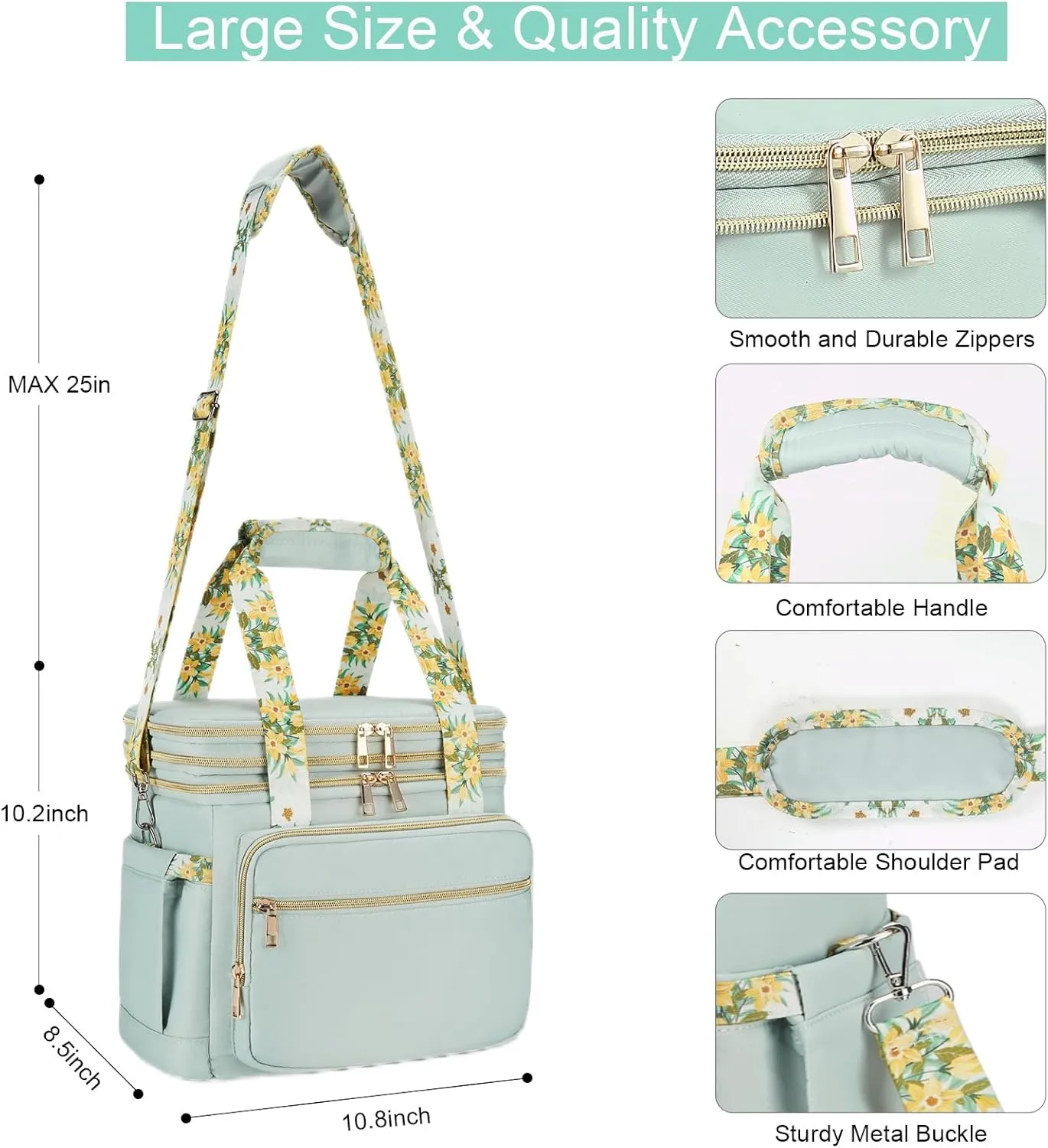 Double Deck Lunch Box for Women, Expandable Insulated Large Lunch Bag Women Leakproof Lightweight Lunch Cooler Bag Durable Lunchbox for Work Outdoor Travel, Green
