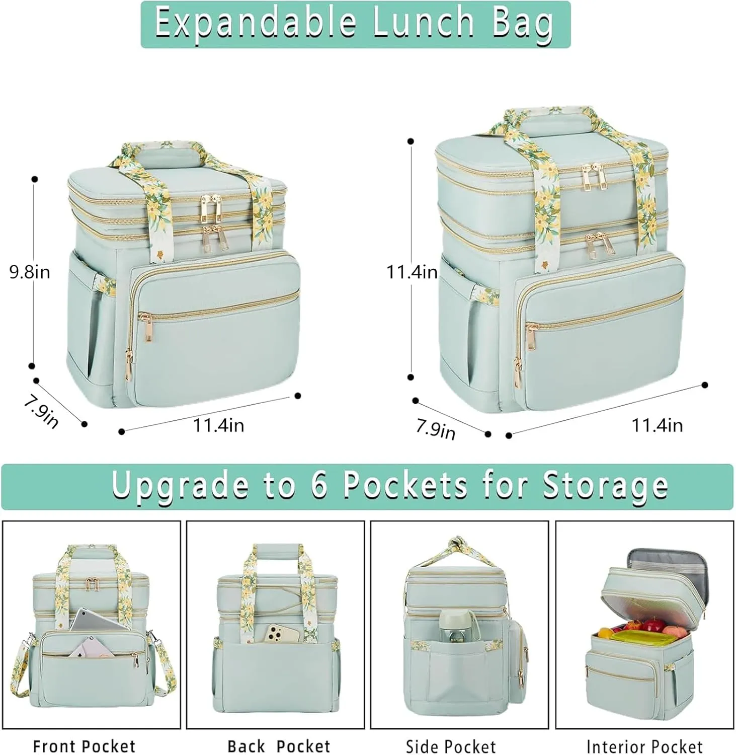 Double Deck Lunch Box for Women, Expandable Insulated Large Lunch Bag Women Leakproof Lightweight Lunch Cooler Bag Durable Lunchbox for Work Outdoor Travel, Green