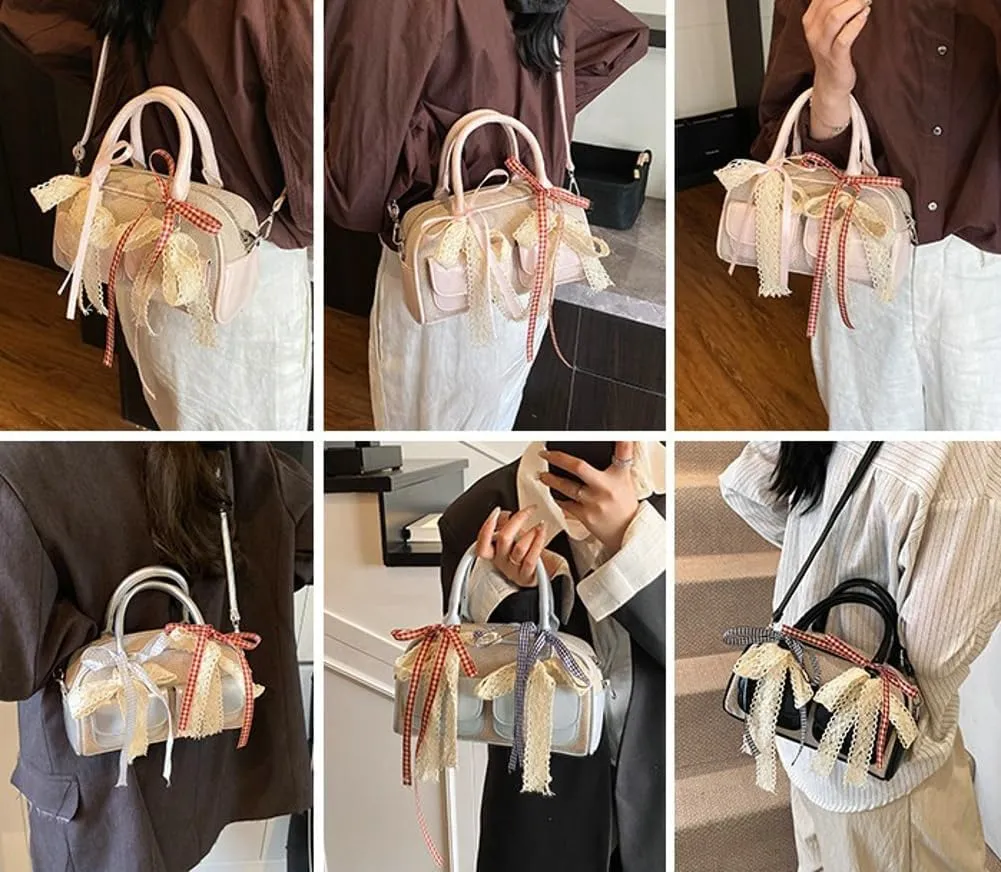 Double Pocket Solid Color Underarm Bags PU Leather Ribbon Shoulder Bag Travel Party Cross Body Bag for Women 2025