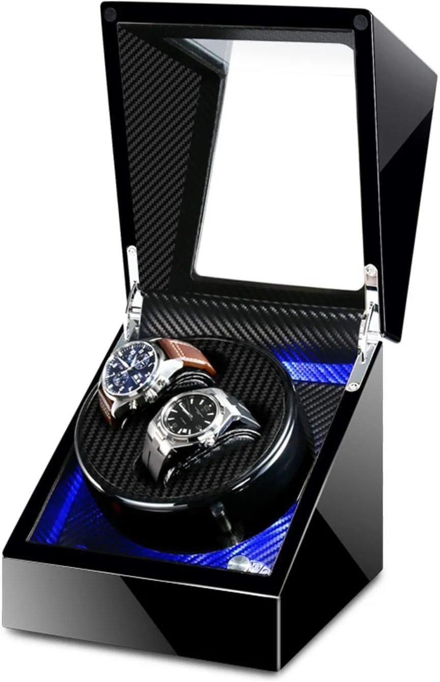 Double Watch Winder Box for Automatic Watches with Blue LED Light, AC Adapter and Battery Powered Piano Paint Exterior Accessories (Black Black)
