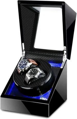 Double Watch Winder Box for Automatic Watches with Blue LED Light, AC Adapter and Battery Powered Piano Paint Exterior Accessories (Black Black)