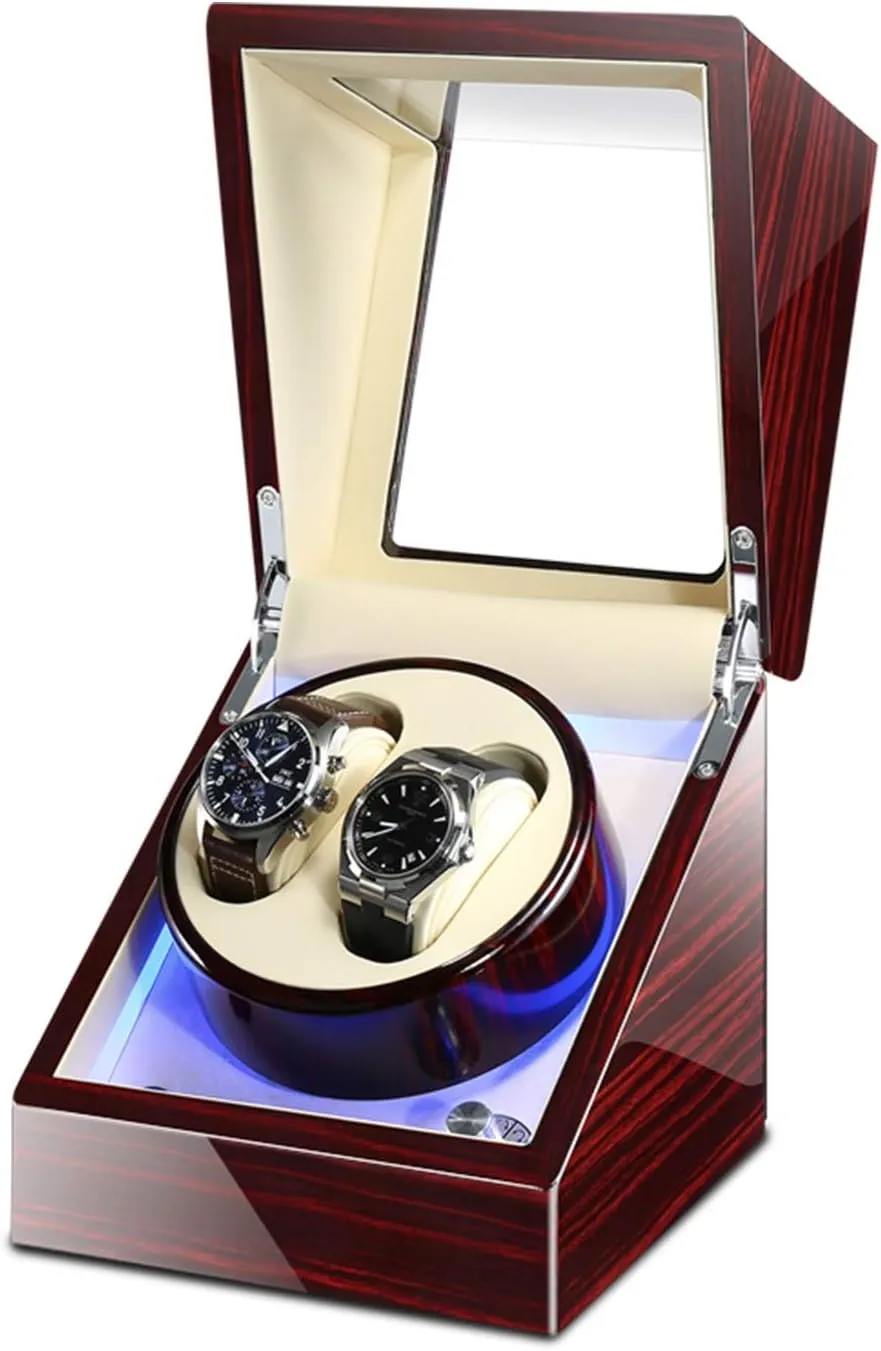 Double Watch Winder Box for Automatic Watches with Blue LED Light, AC Adapter and Battery Powered Piano Paint Exterior Watch Winder Watch Box Best Gift