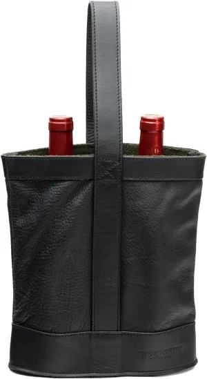 Double Wine Carrier Bag – Leather Wine Tote for Two Bottles with Handle – Protective Carrier for Picnic, Wine Champagne Gift Bag (Black)
