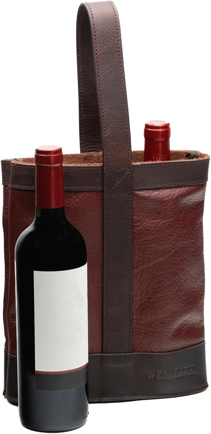 Double Wine Carrier Bag – Leather Wine Tote for Two Bottles with Handles & Metal Buckle – Protective Carrier for Picnic, Wine Champagne Gift Bag (Merlot)