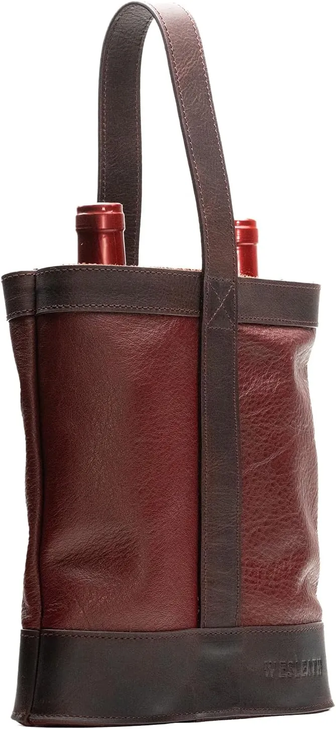 Double Wine Carrier Bag – Leather Wine Tote for Two Bottles with Handles & Metal Buckle – Protective Carrier for Picnic, Wine Champagne Gift Bag (Merlot)