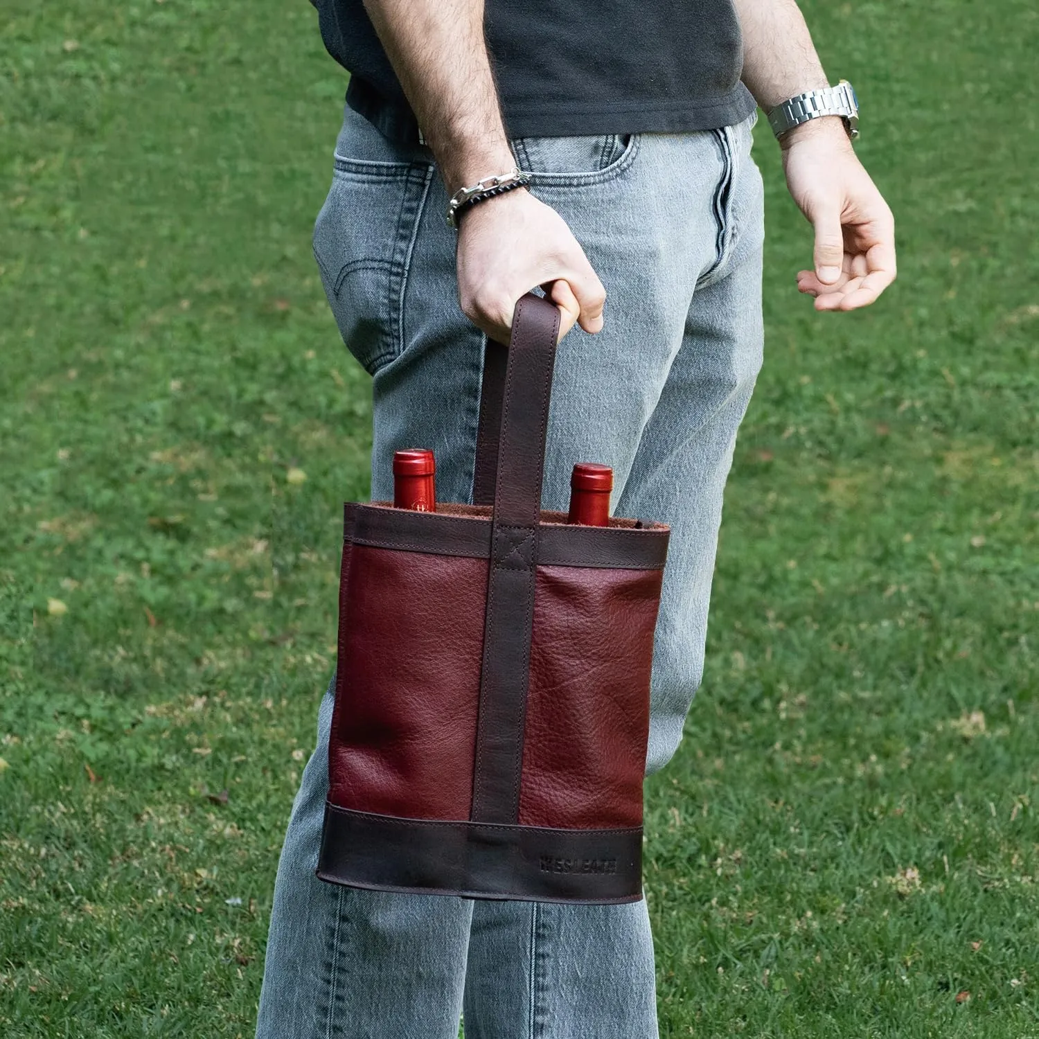 Double Wine Carrier Bag – Leather Wine Tote for Two Bottles with Handles & Metal Buckle – Protective Carrier for Picnic, Wine Champagne Gift Bag (Merlot)