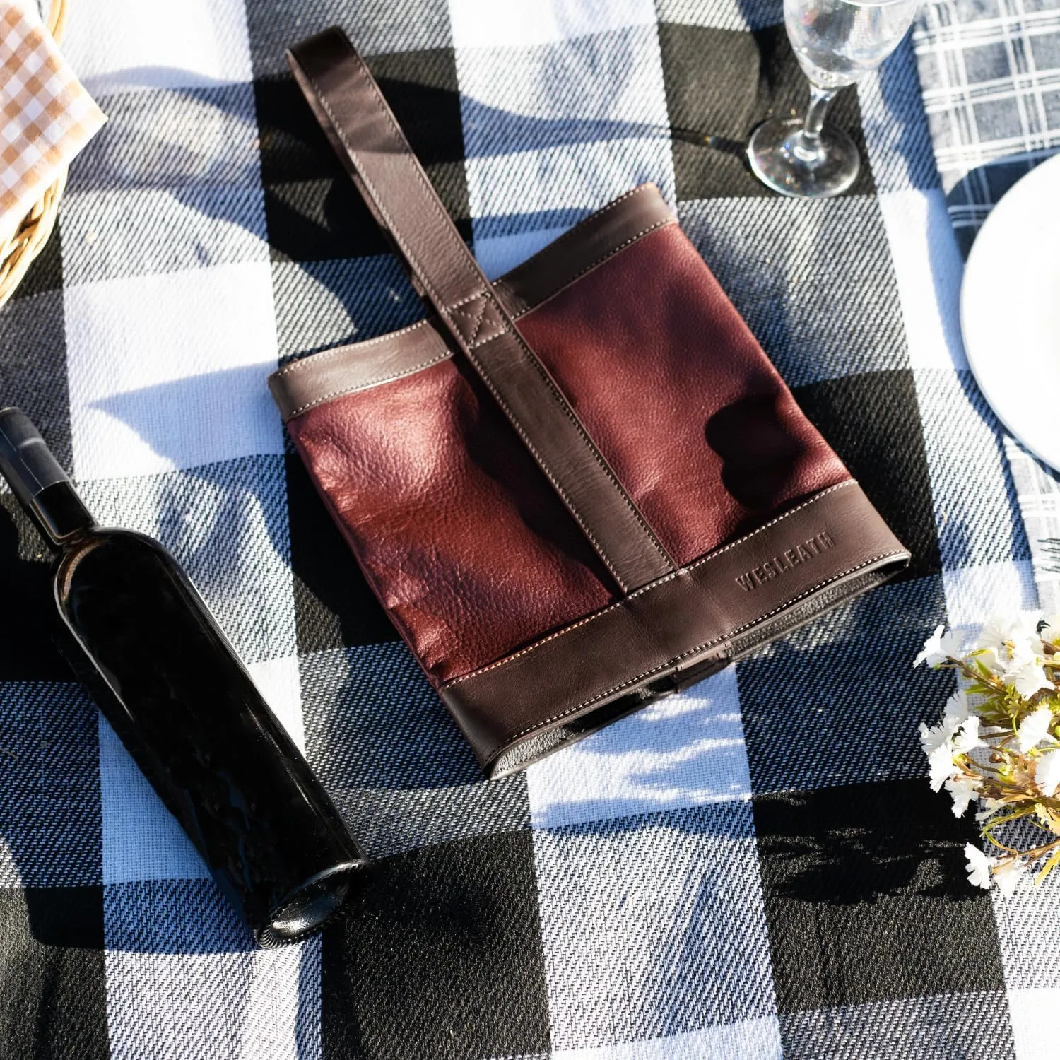 Double Wine Carrier Bag – Leather Wine Tote for Two Bottles with Handles & Metal Buckle – Protective Carrier for Picnic, Wine Champagne Gift Bag (Merlot)