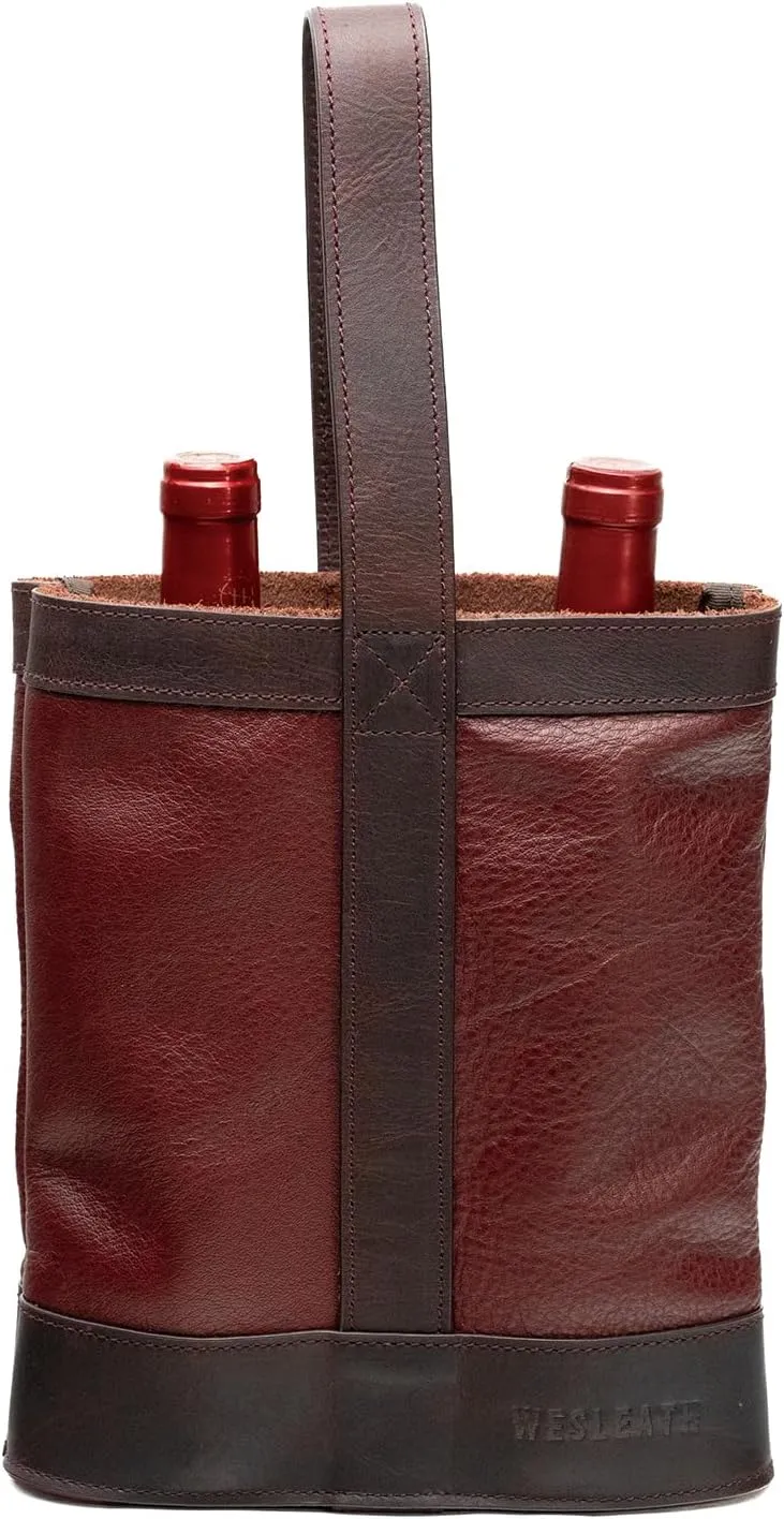 Double Wine Carrier Bag – Leather Wine Tote for Two Bottles with Handles & Metal Buckle – Protective Carrier for Picnic, Wine Champagne Gift Bag (Merlot)