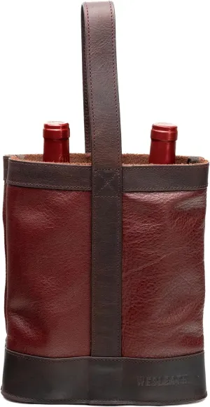 Double Wine Carrier Bag – Leather Wine Tote for Two Bottles with Handles & Metal Buckle – Protective Carrier for Picnic, Wine Champagne Gift Bag (Merlot)