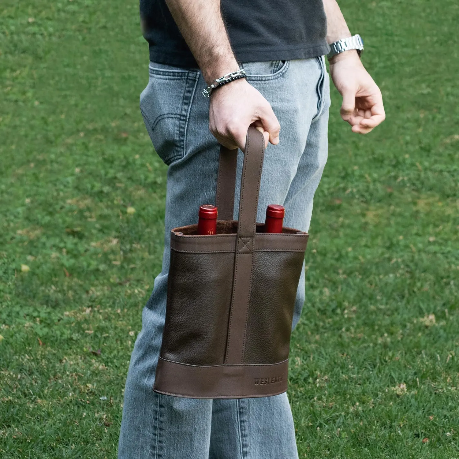 Double Wine Carrier Bag – Leather Wine Tote for Two Bottles with Handles & Metal Buckle – Protective Carrier for Picnic, Wine Champagne Gift Bag (Moka)