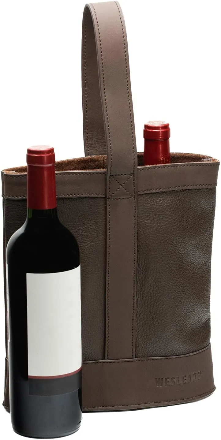 Double Wine Carrier Bag – Leather Wine Tote for Two Bottles with Handles & Metal Buckle – Protective Carrier for Picnic, Wine Champagne Gift Bag (Moka)